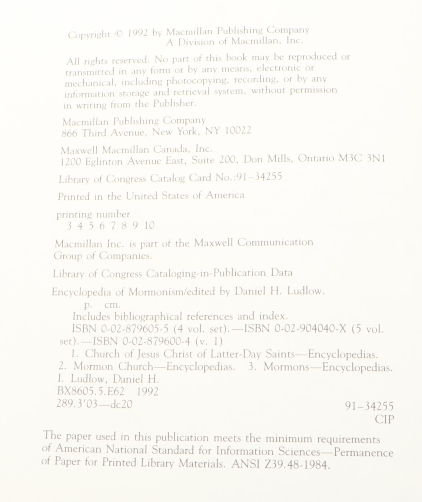 "Encyclopedia of Mormonism" Four-Volume Set Edited by Daniel H. Ludlow, 1992