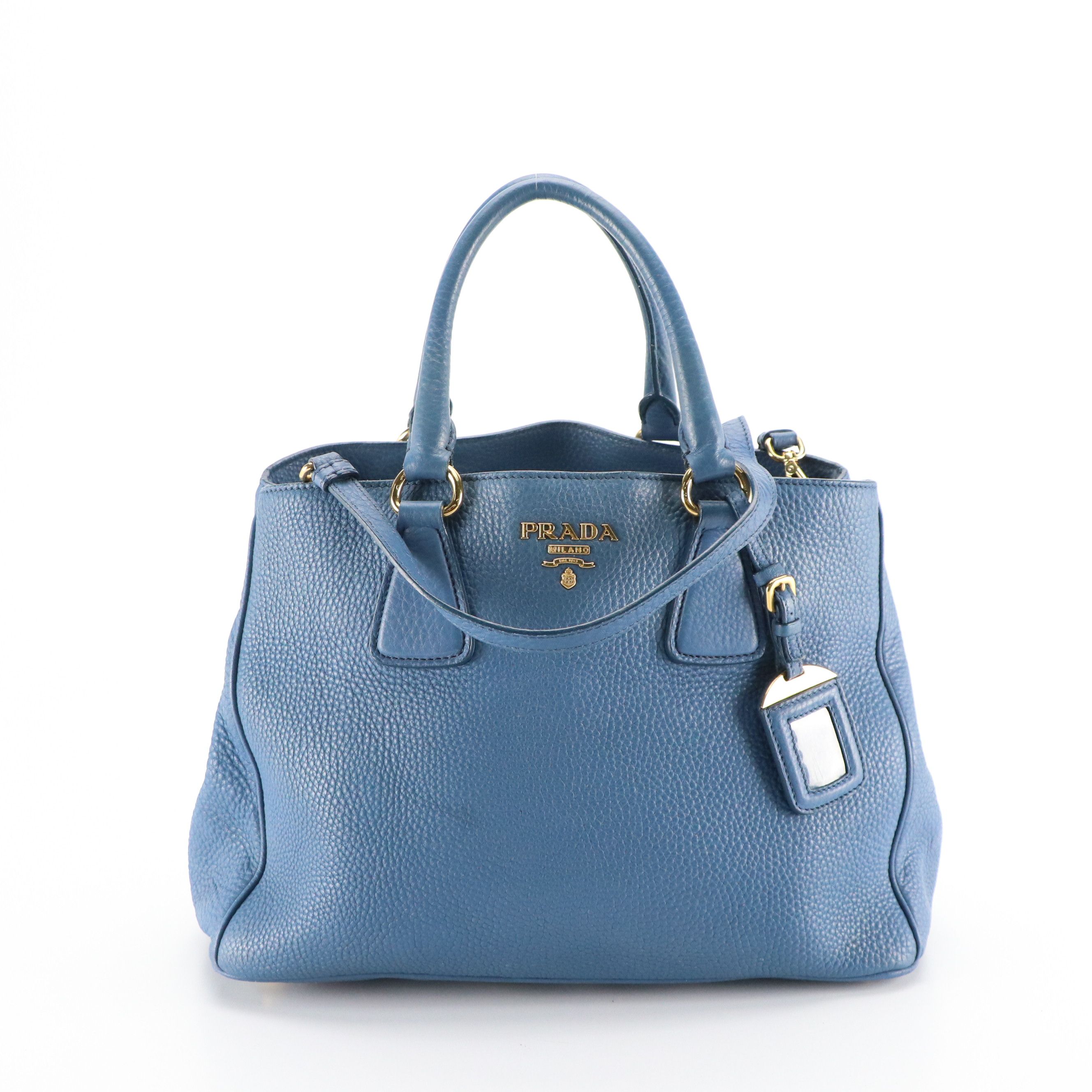 Prada Two-Way Tote Bag in Blue Vitello Daino Leather