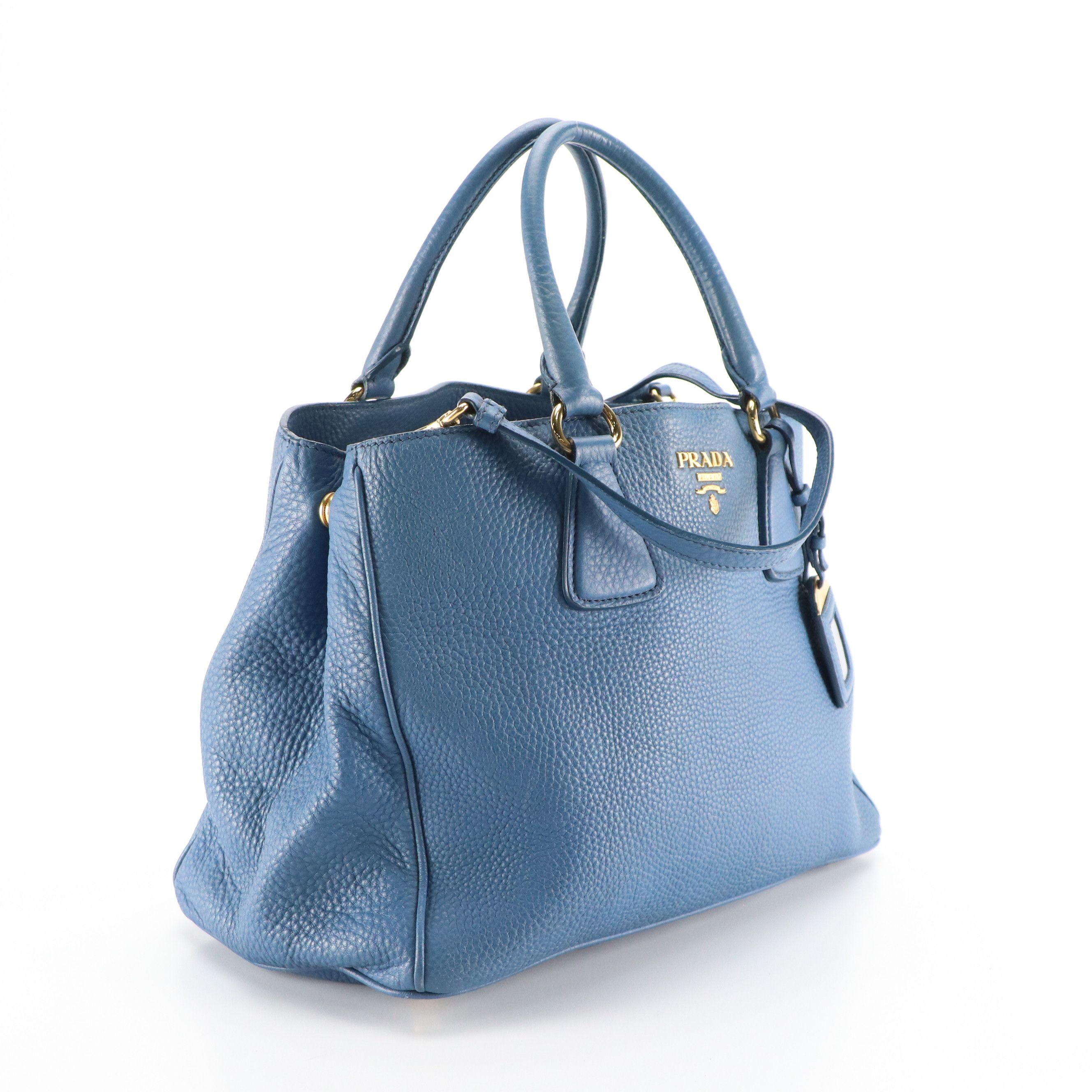 Prada Two-Way Tote Bag in Blue Vitello Daino Leather
