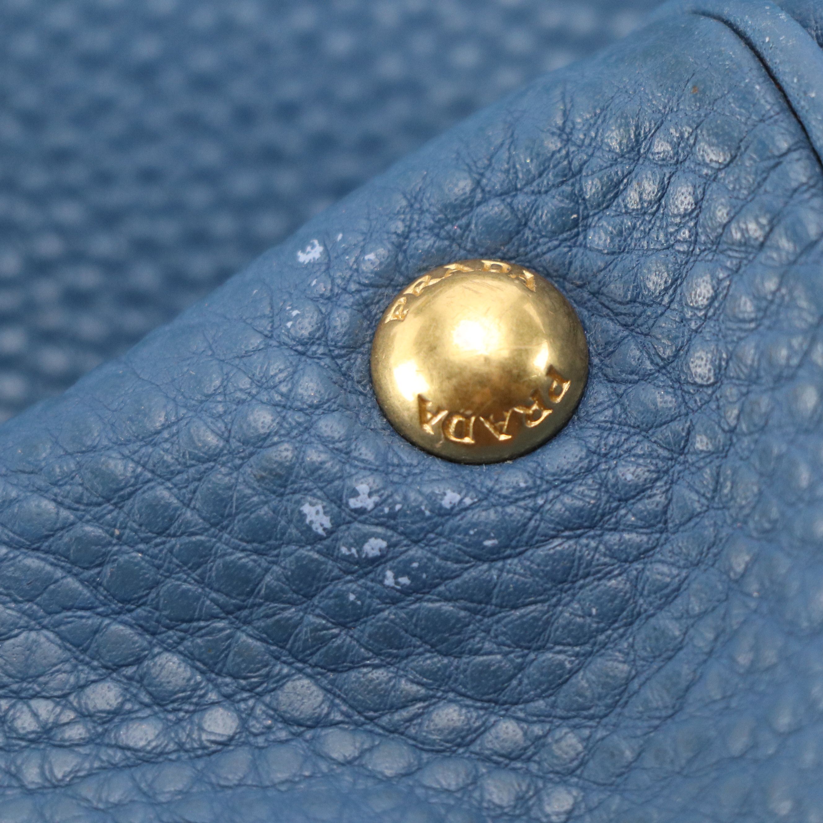 Prada Two-Way Tote Bag in Blue Vitello Daino Leather