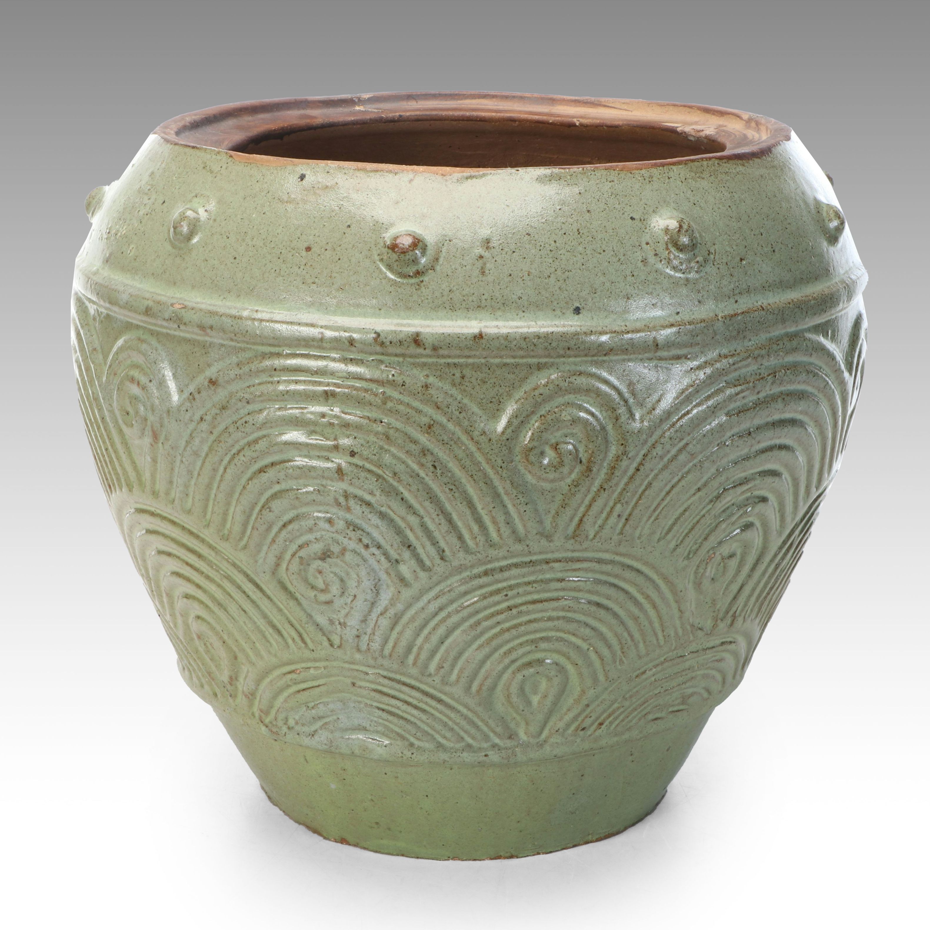 Ridged Celadon Earthenware with Other Planters and Metal Stand