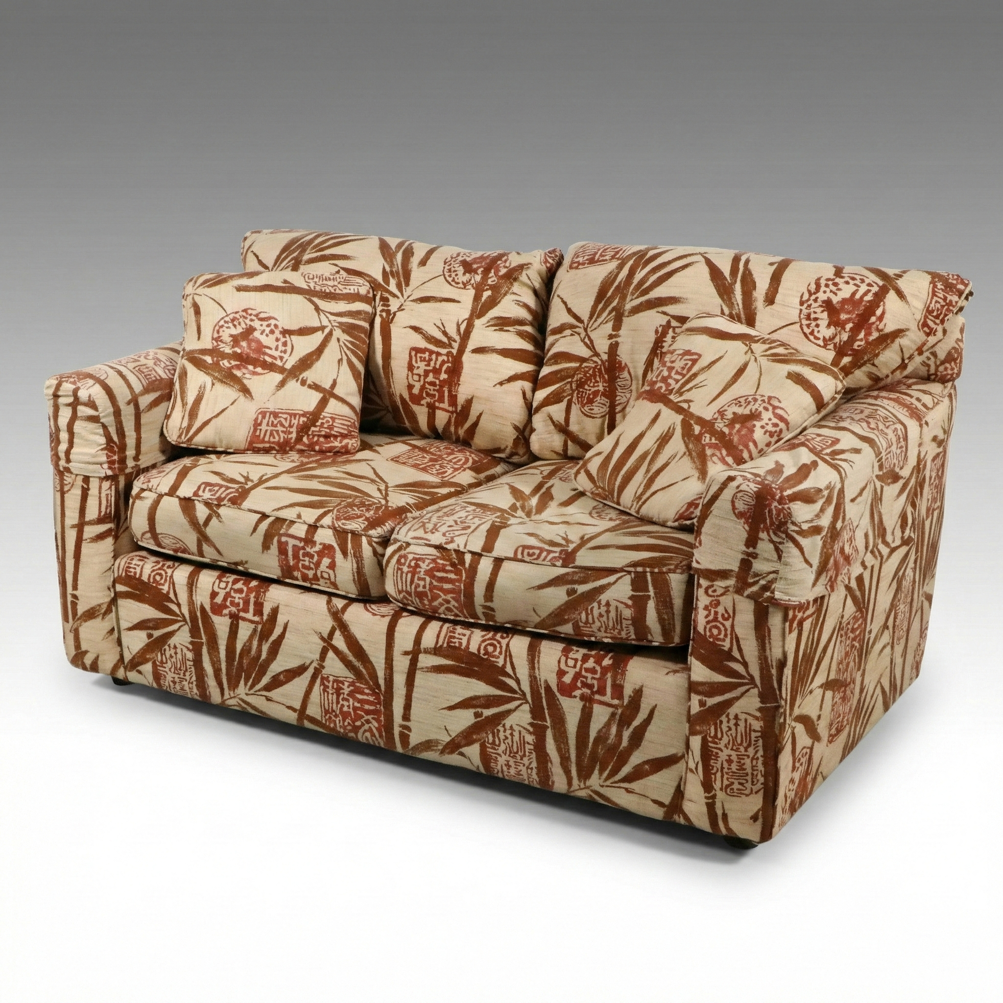 Modern Chinoiserie Bamboo Pattern Upholstered Loveseat