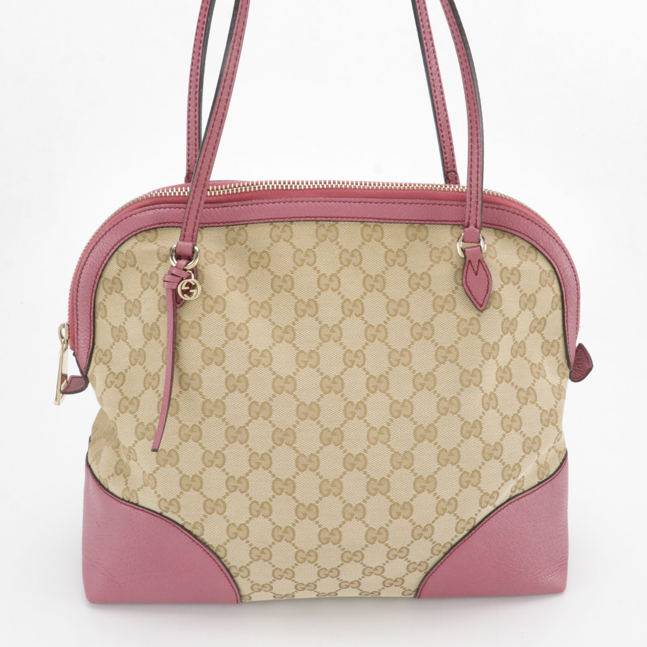 Gucci Large Bree Domed Zip-Around Bag in GG Canvas and Pink Cinghiale Leather