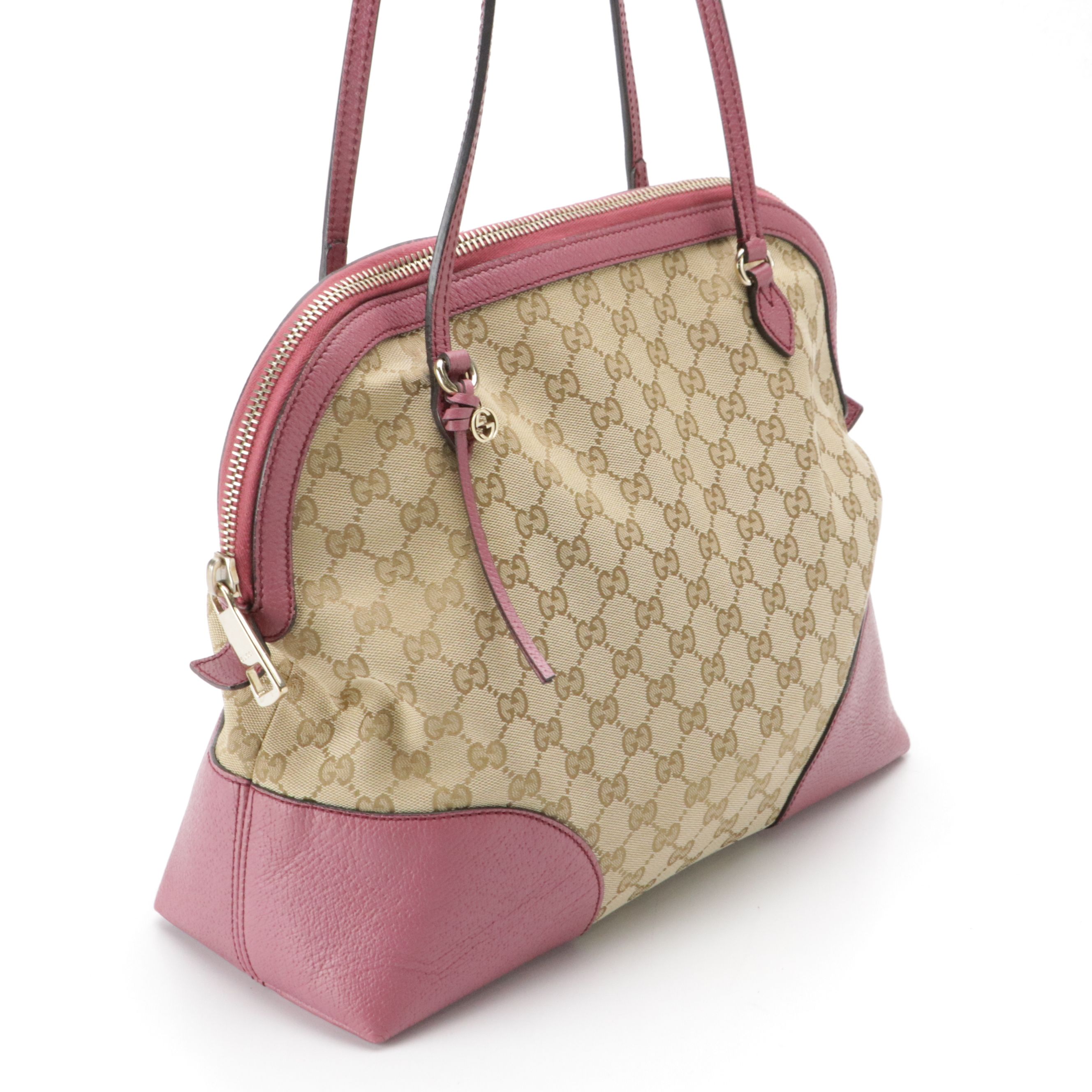 Gucci Large Bree Domed Zip-Around Bag in GG Canvas and Pink Cinghiale Leather