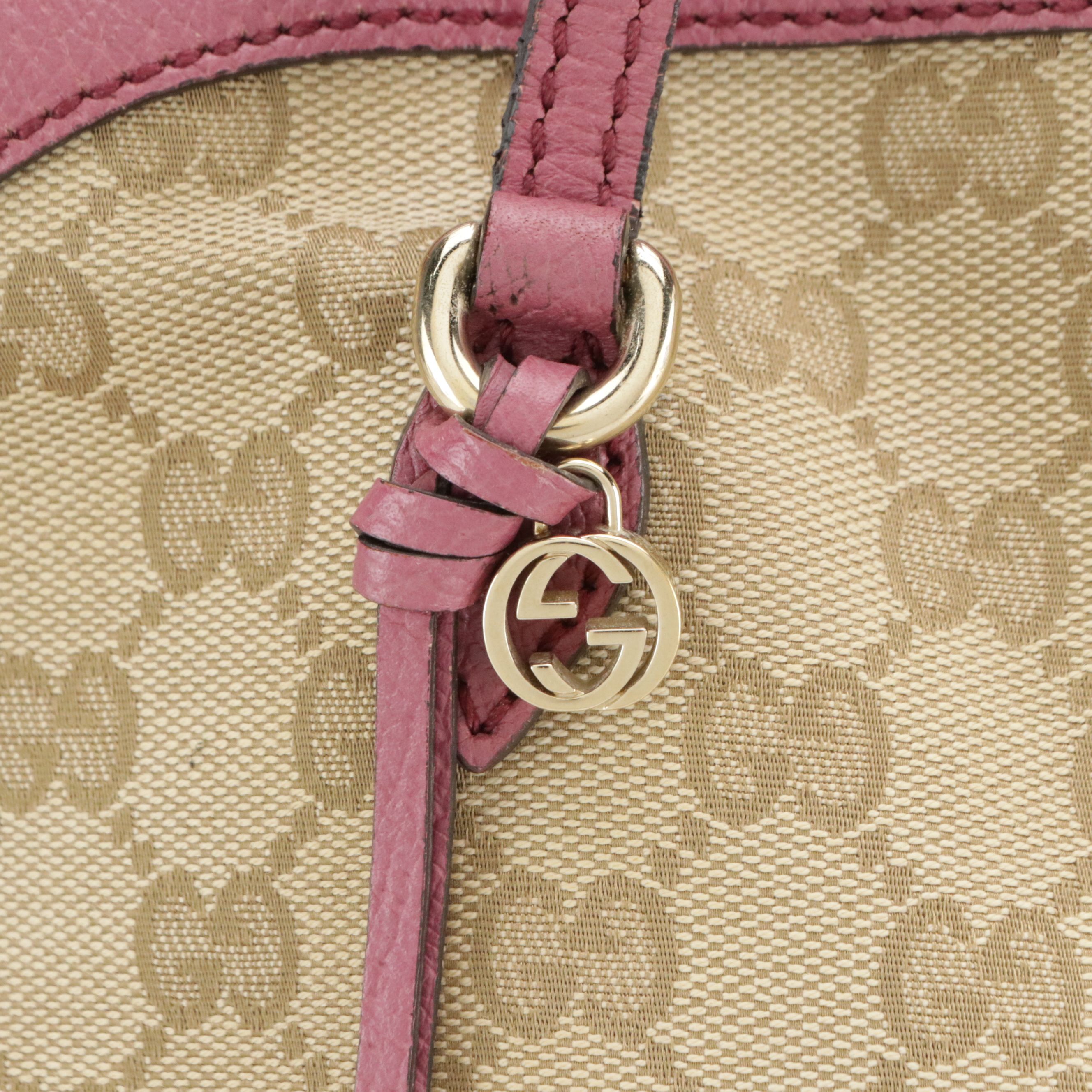 Gucci Large Bree Domed Zip-Around Bag in GG Canvas and Pink Cinghiale Leather