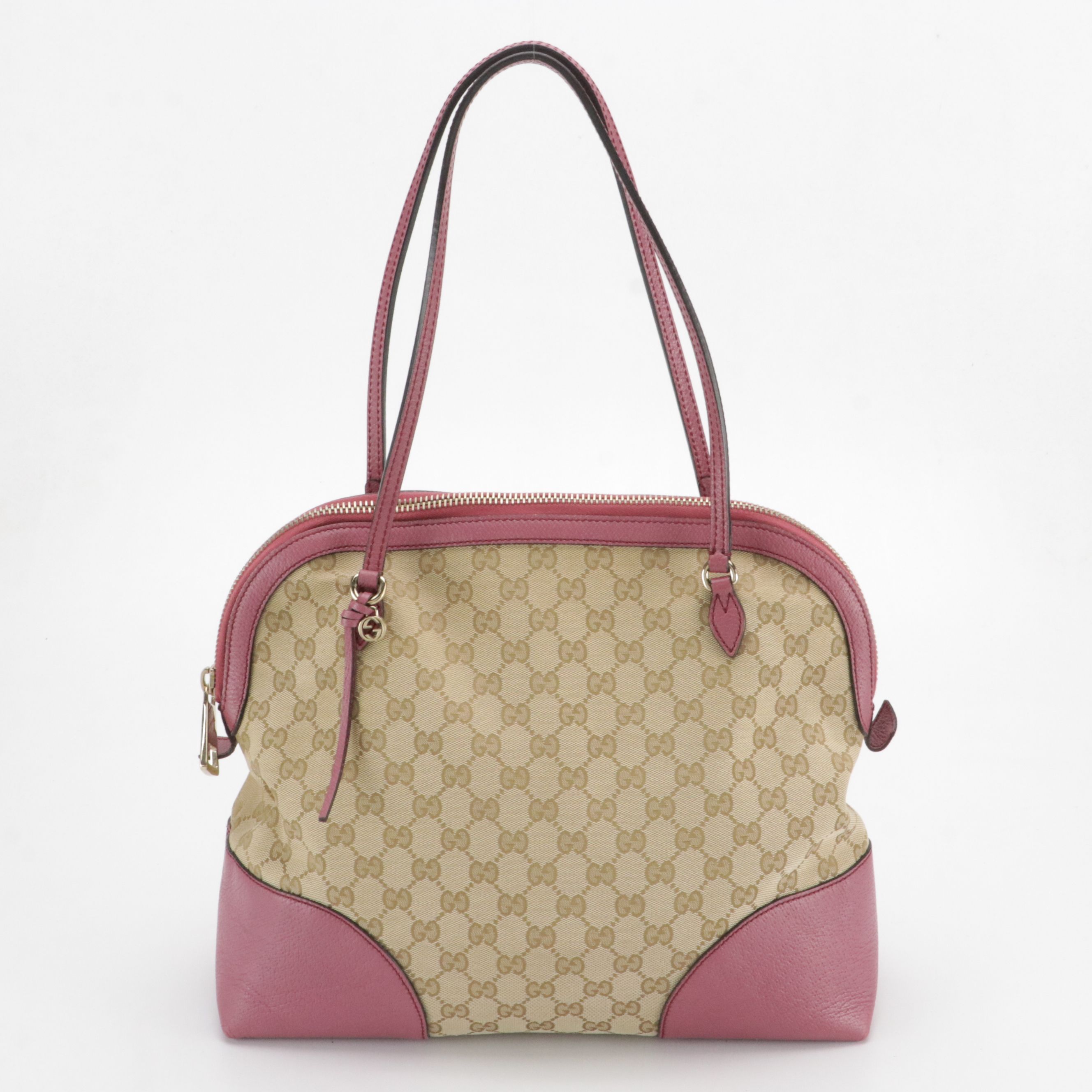 Gucci Large Bree Domed Zip-Around Bag in GG Canvas and Pink Cinghiale Leather