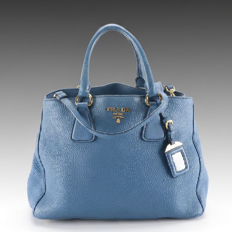 Prada Two-Way Tote Bag in Blue Vitello Daino Leather