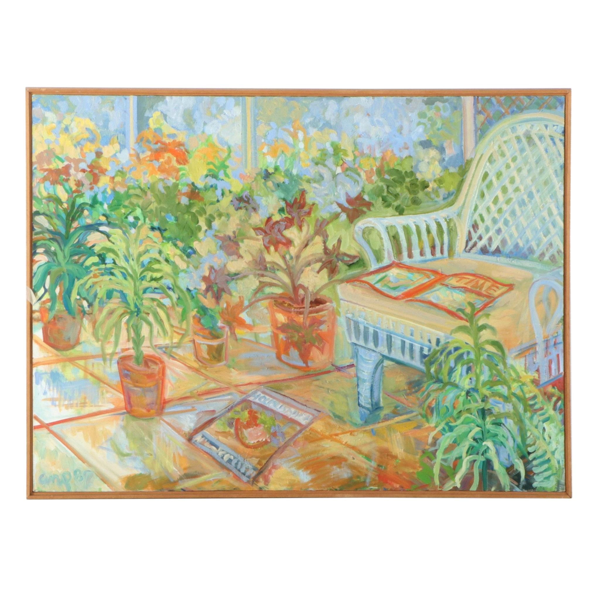 Anne Perkins Interior Scene Oil Painting of Reading Chair and Plants