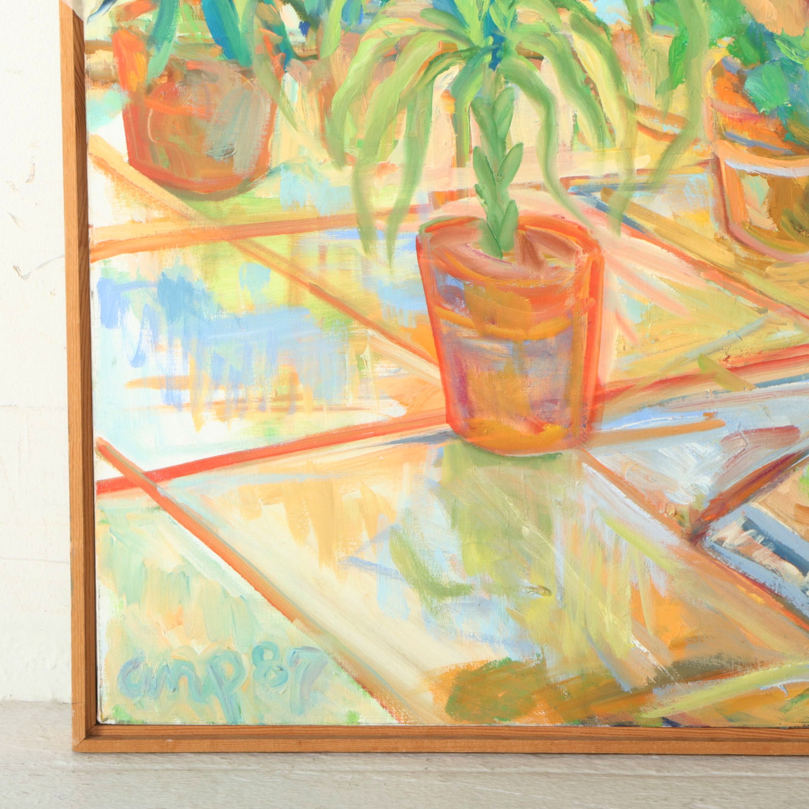 Anne Perkins Interior Scene Oil Painting of Reading Chair and Plants