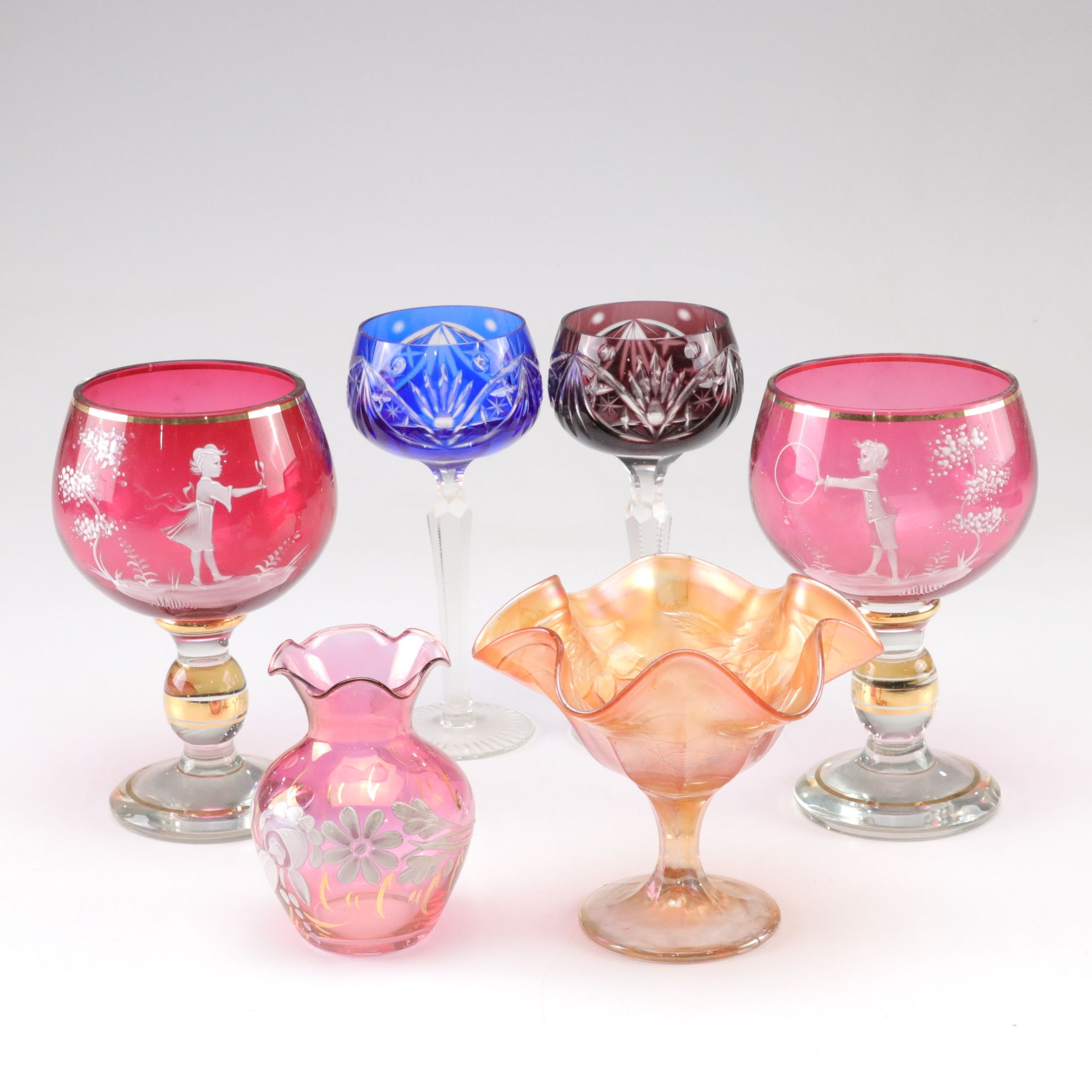 Mary Gregory Style Rummers with Cut to Clear Stemware and Other Decor