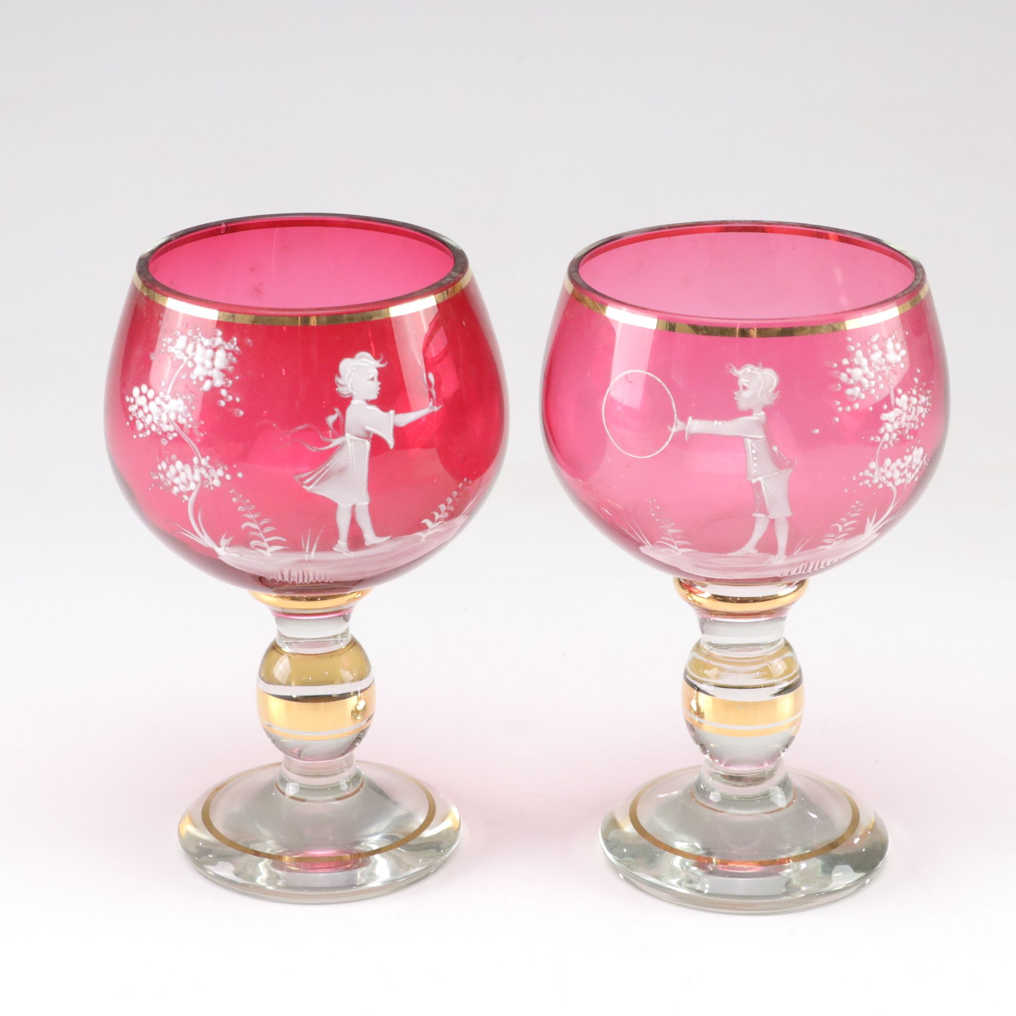 Mary Gregory Style Rummers with Cut to Clear Stemware and Other Decor