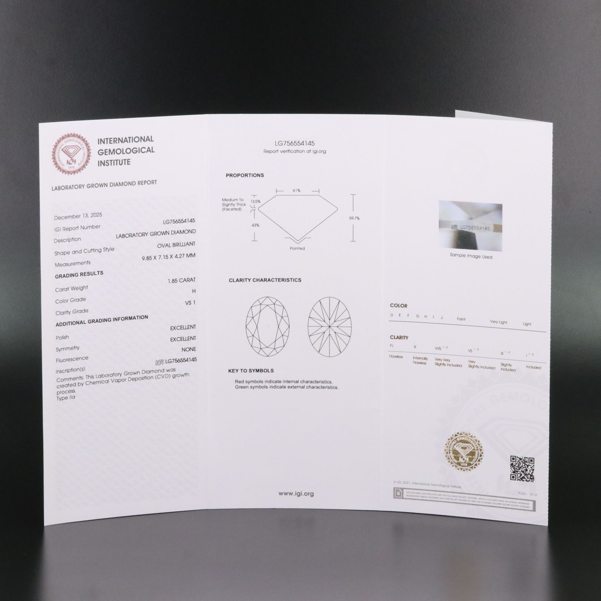 Loose 1.85 CT Lab Grown Diamond with IGI Report