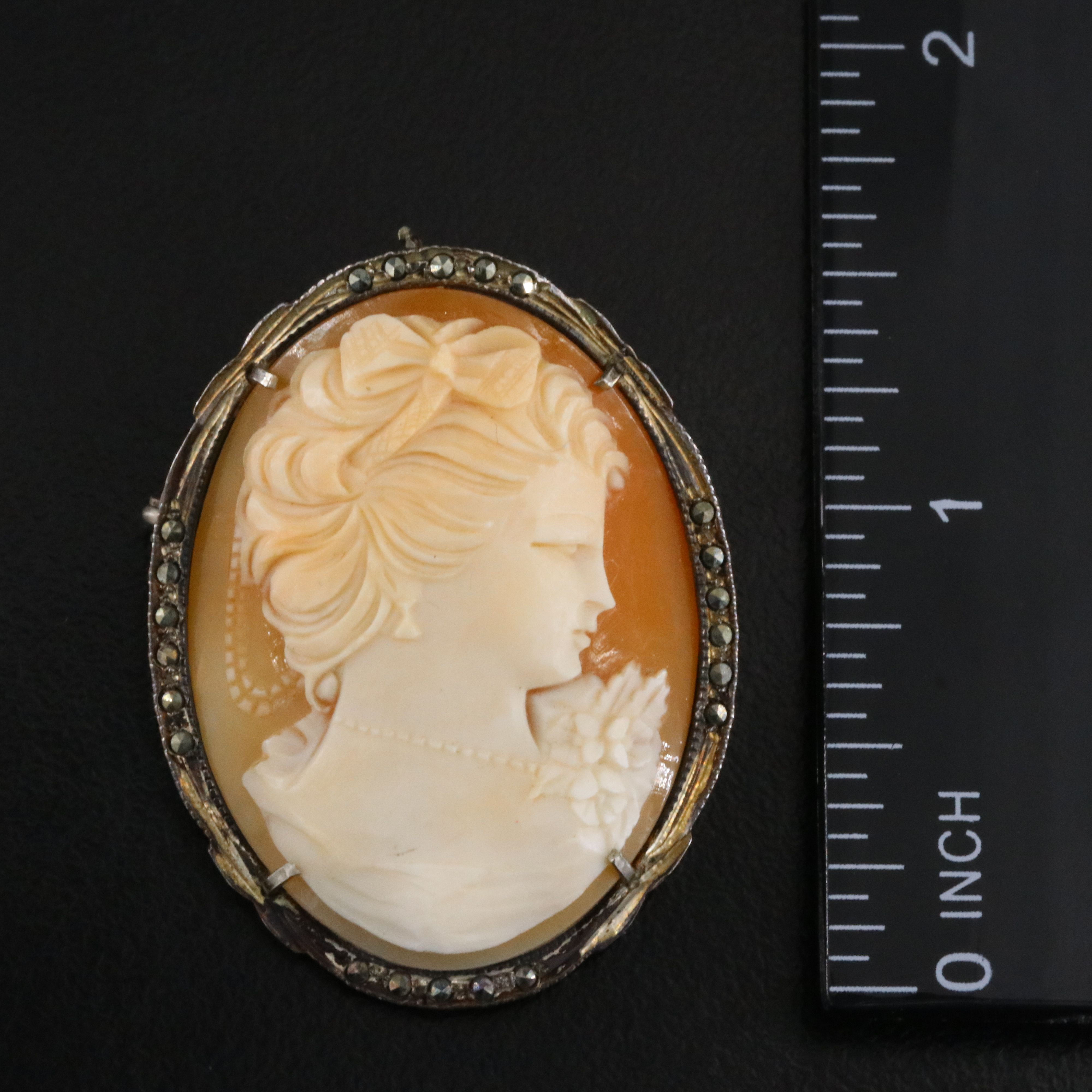 800 Silver Shell Cameo and Marcasite Converter Brooch