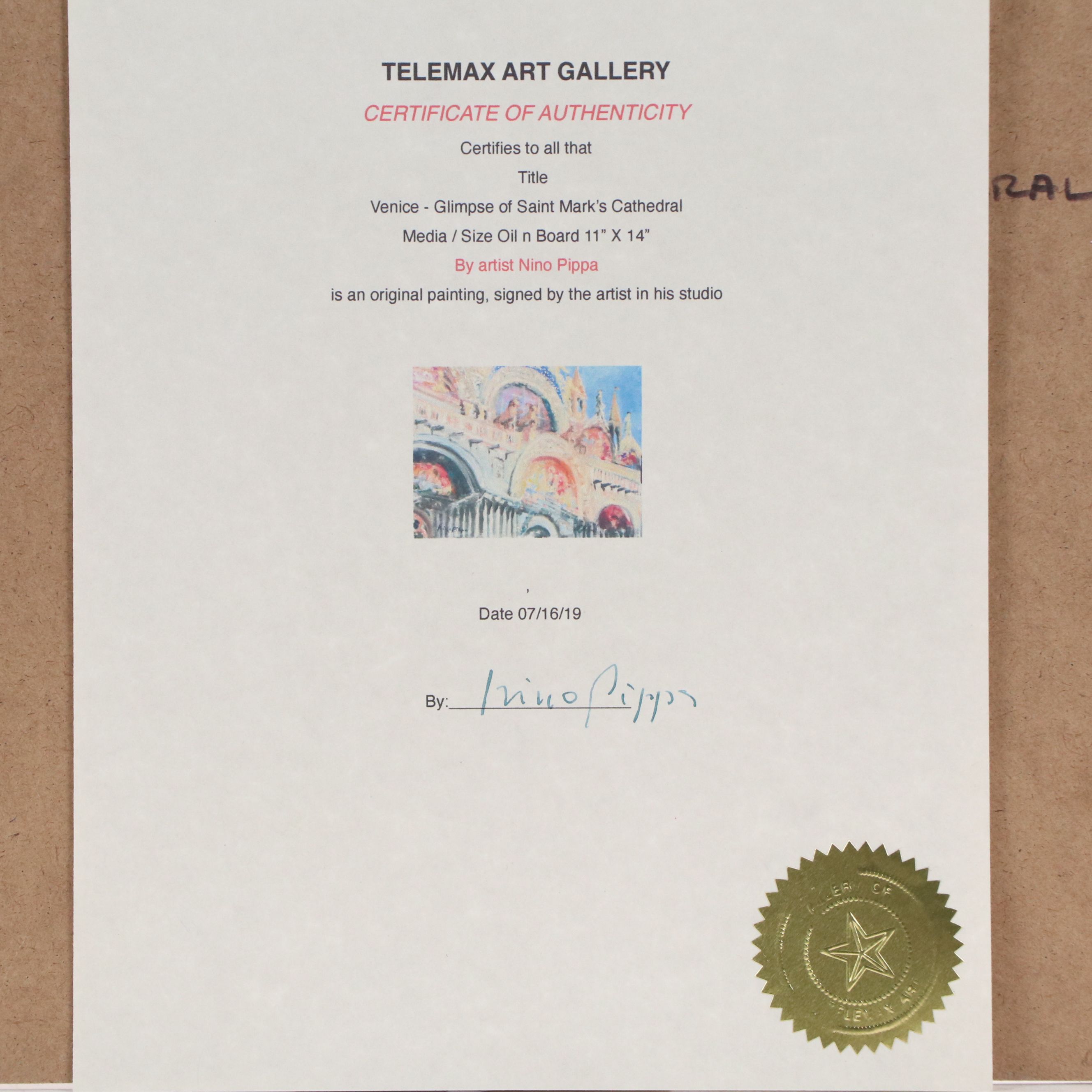 Nino Pippa Oil Painting "Venice - Glimpse of Saint Mark's Cathedral," 2019