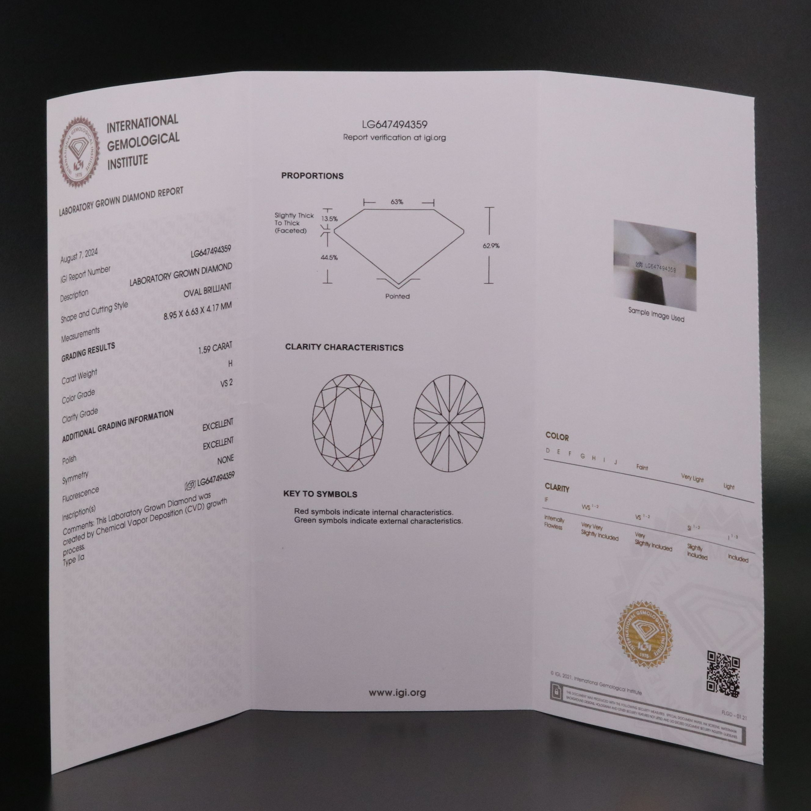 Loose 1.59 CT Lab Grown Diamond with IGI Report