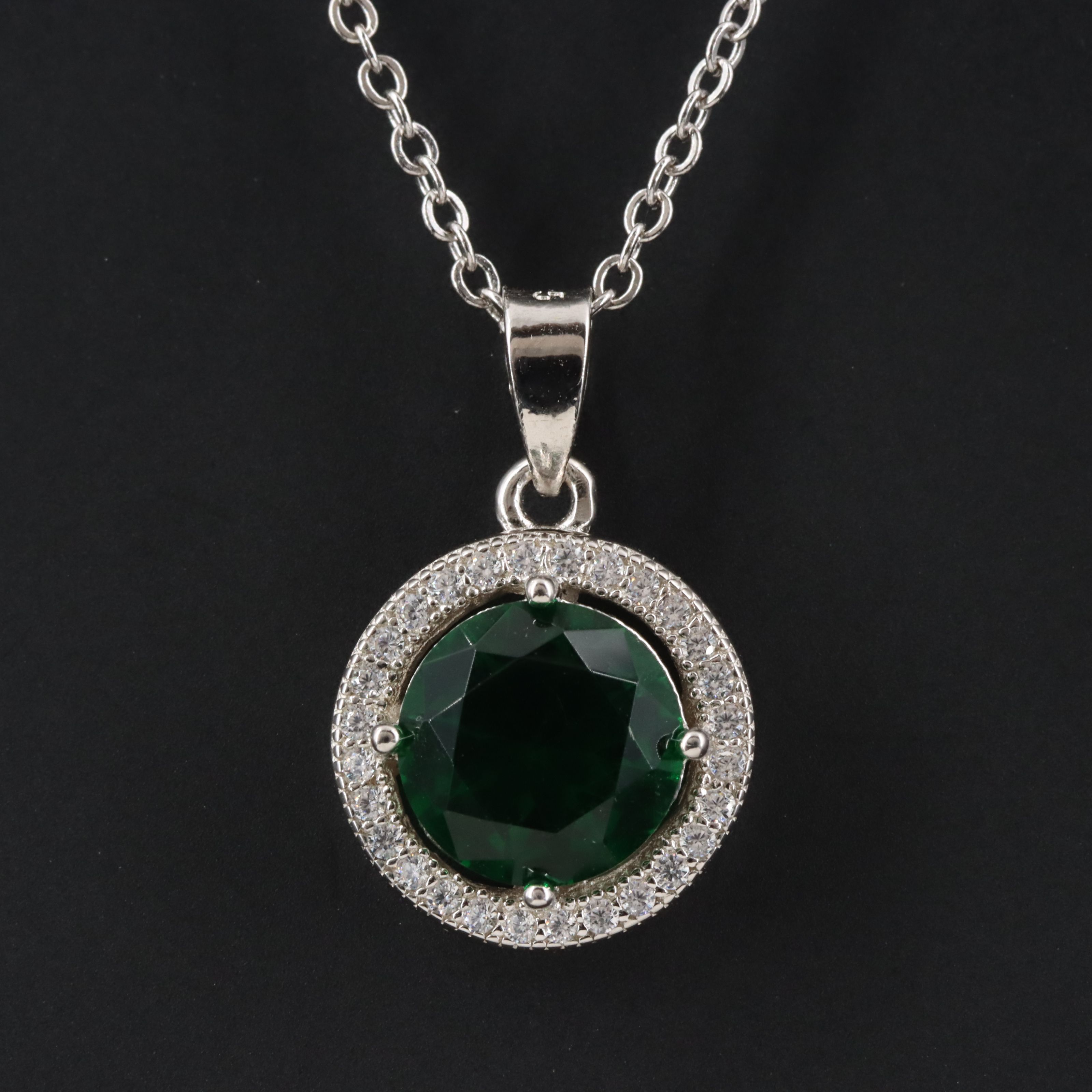 Sterling Glass and CZ Halo Pendant Necklace