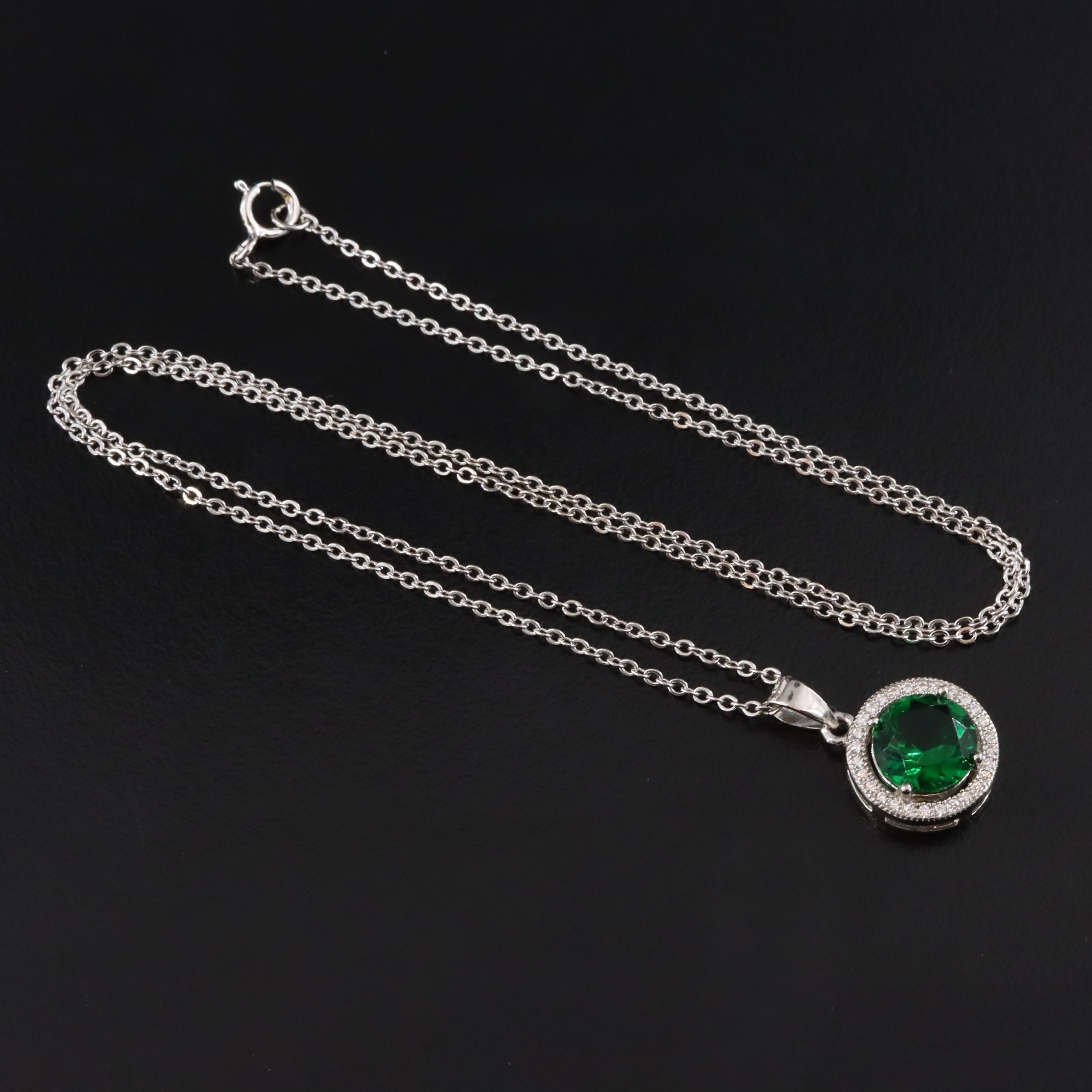 Sterling Glass and CZ Halo Pendant Necklace