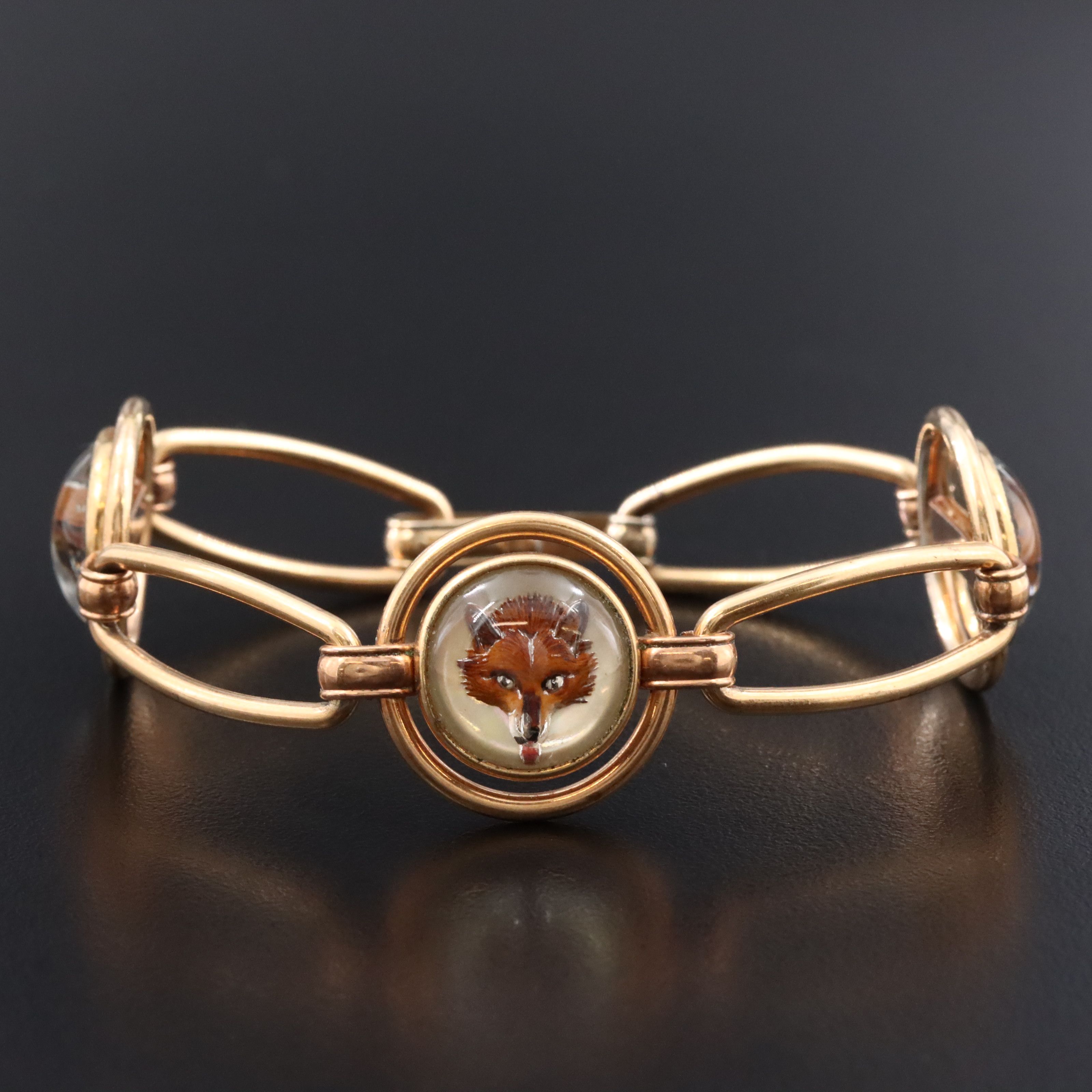1940s Krementz Reverse Intaglio Painted Fox Hunt & Equestrian Bracelet