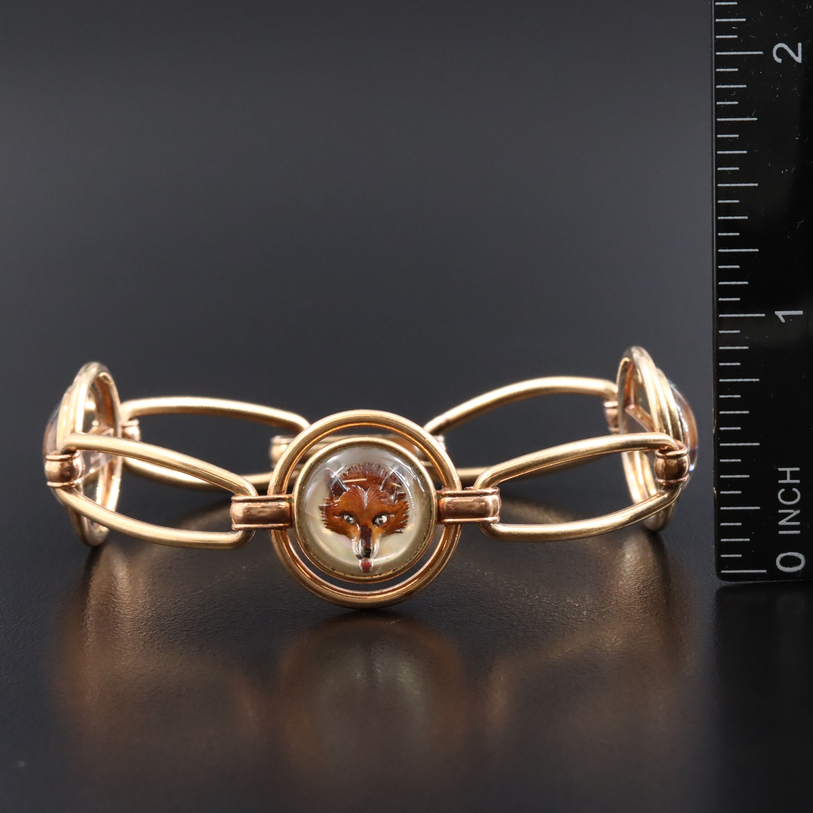 1940s Krementz Reverse Intaglio Painted Fox Hunt & Equestrian Bracelet