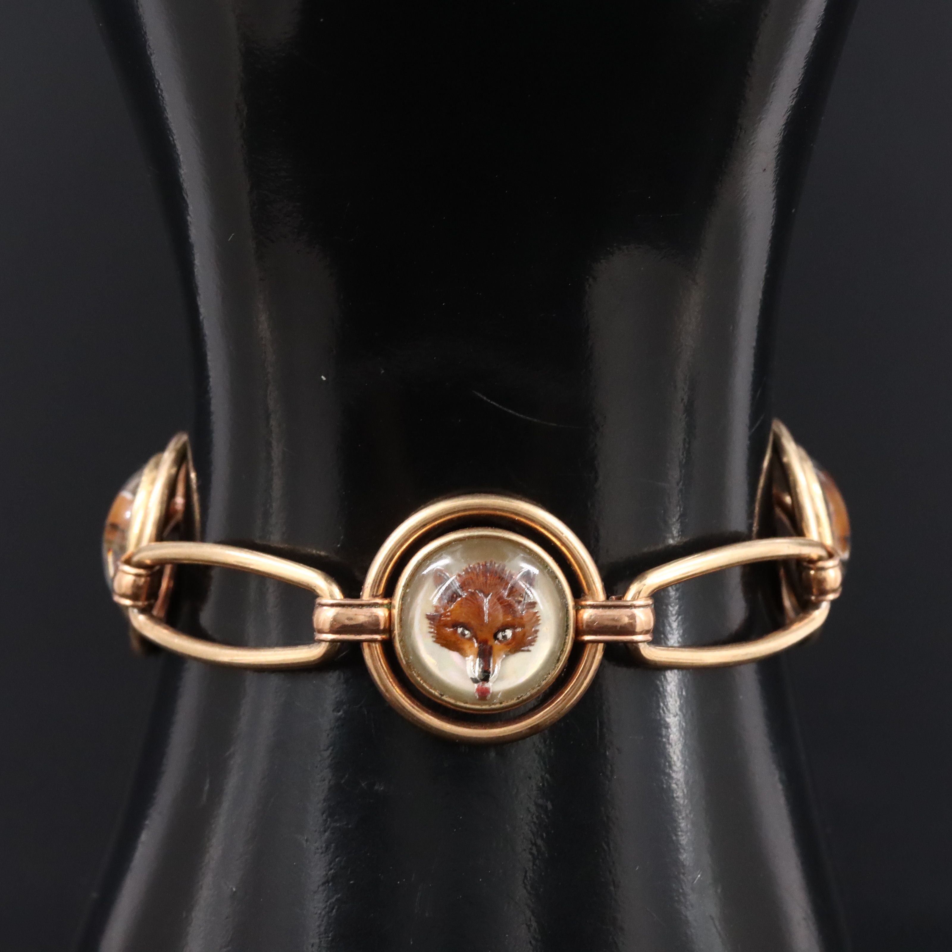 1940s Krementz Reverse Intaglio Painted Fox Hunt & Equestrian Bracelet