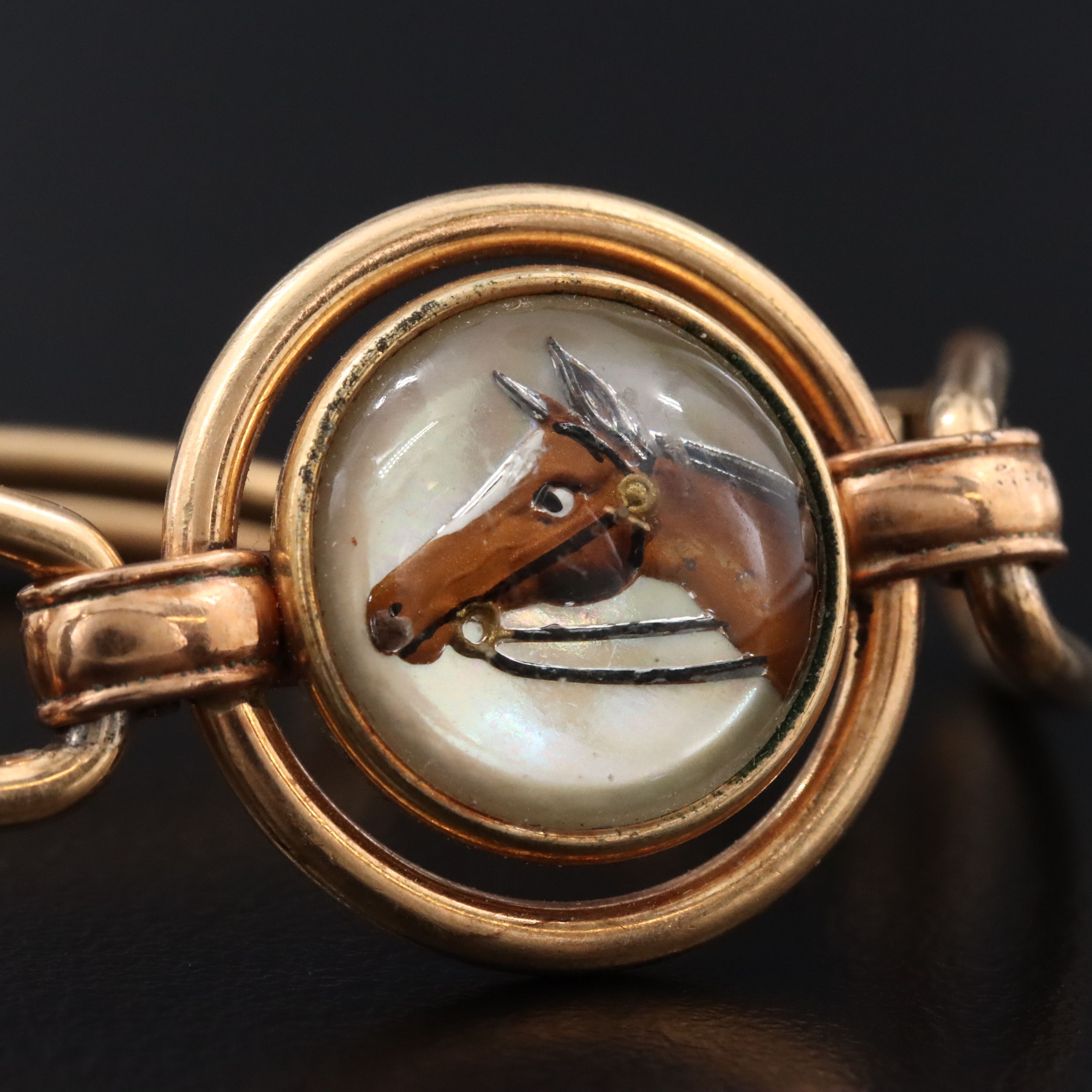 1940s Krementz Reverse Intaglio Painted Fox Hunt & Equestrian Bracelet