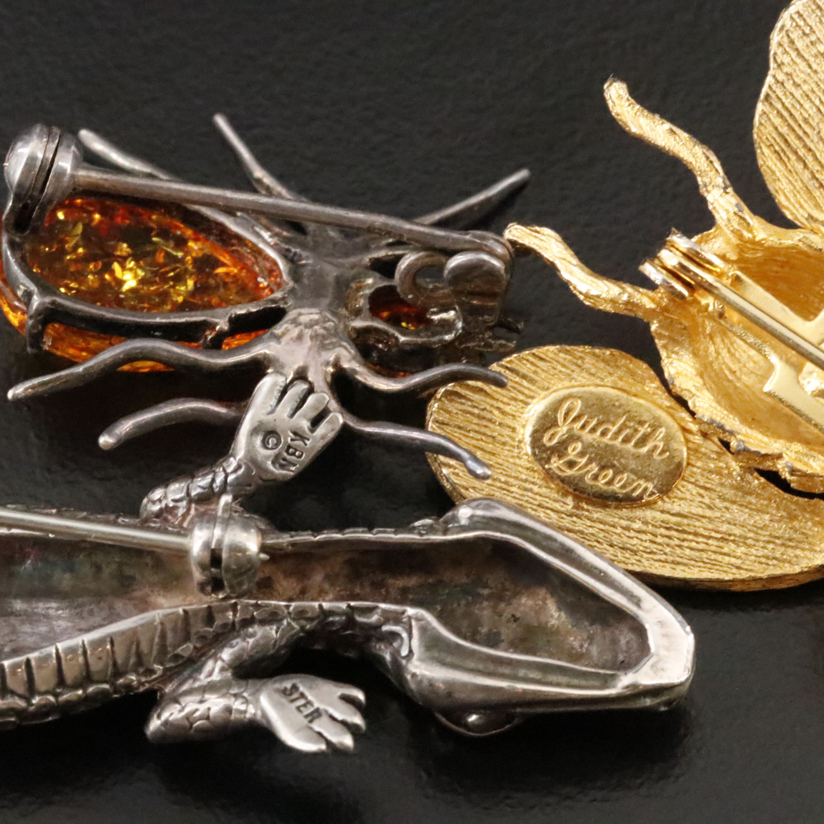 Judith Green, Sterling Amber Spider and Lizard Featured in Animal Themed Pins