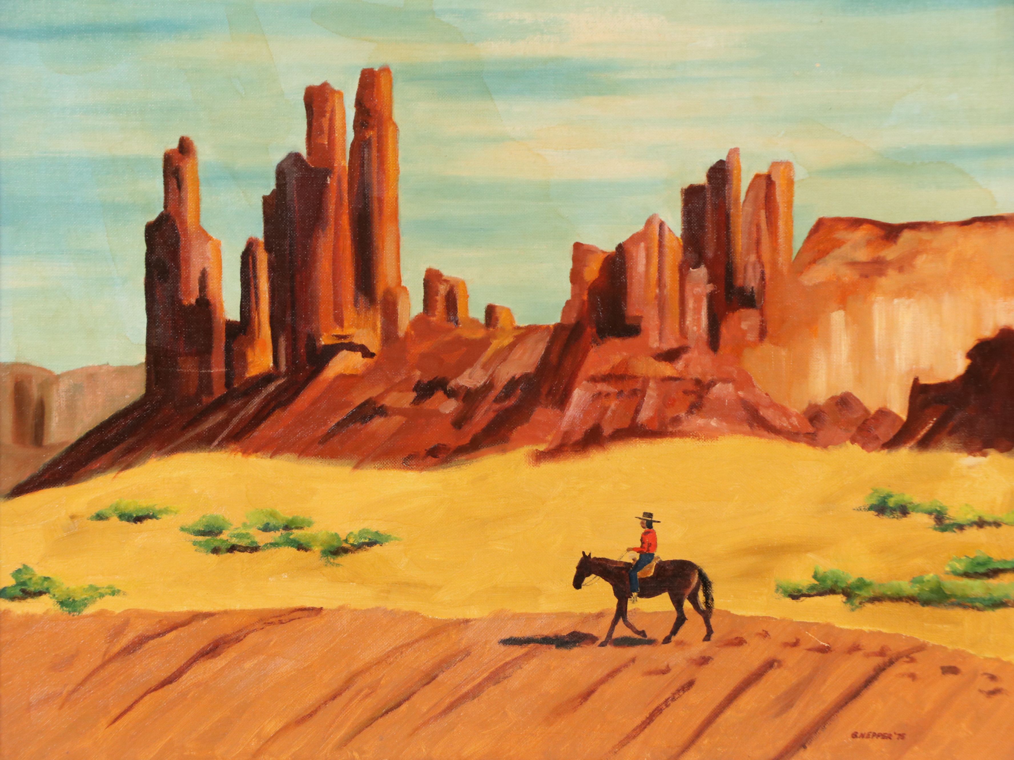 G. Nepper Oil Painting of Cowboy in the desert, 1975