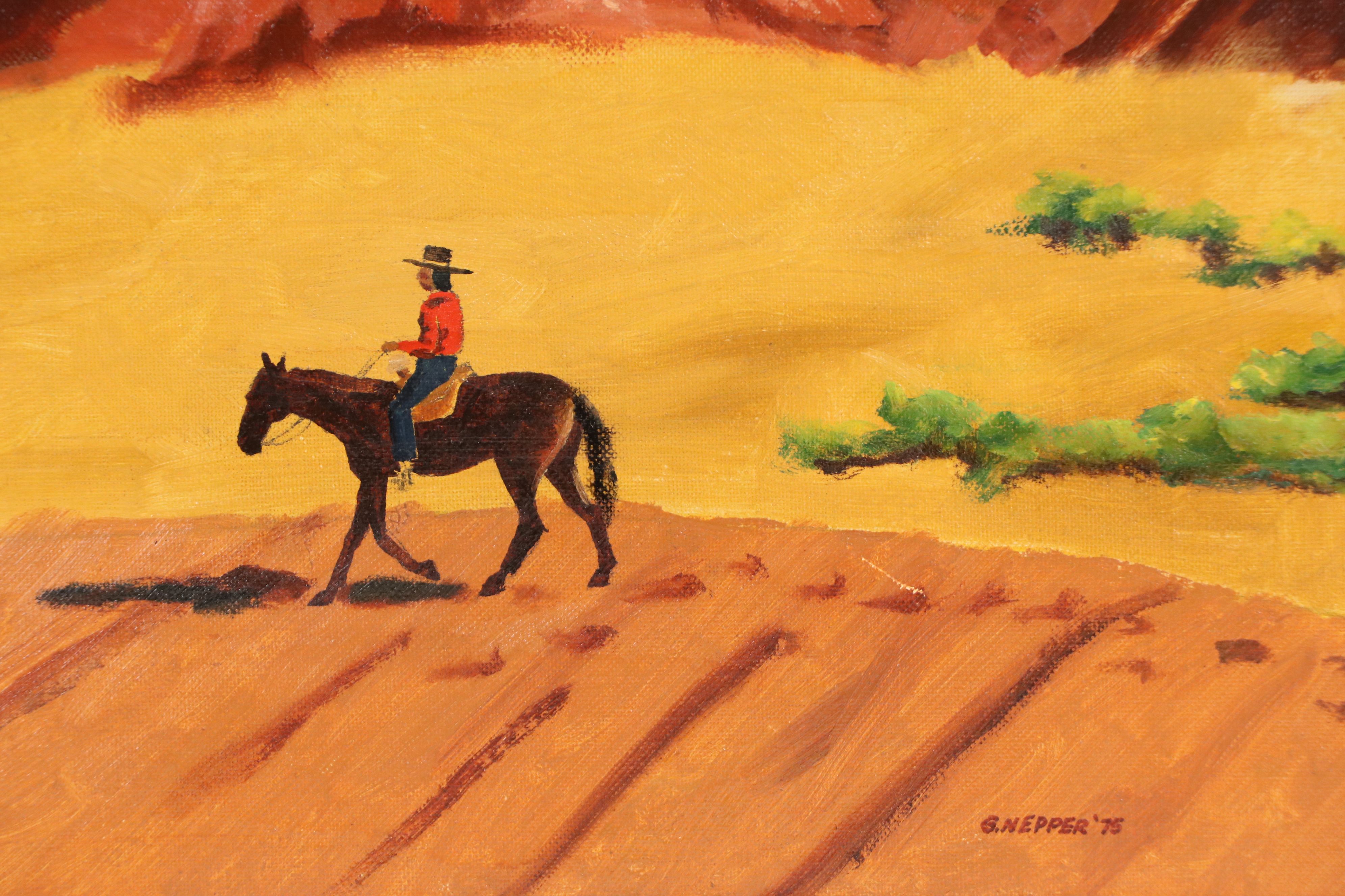 G. Nepper Oil Painting of Cowboy in the desert, 1975