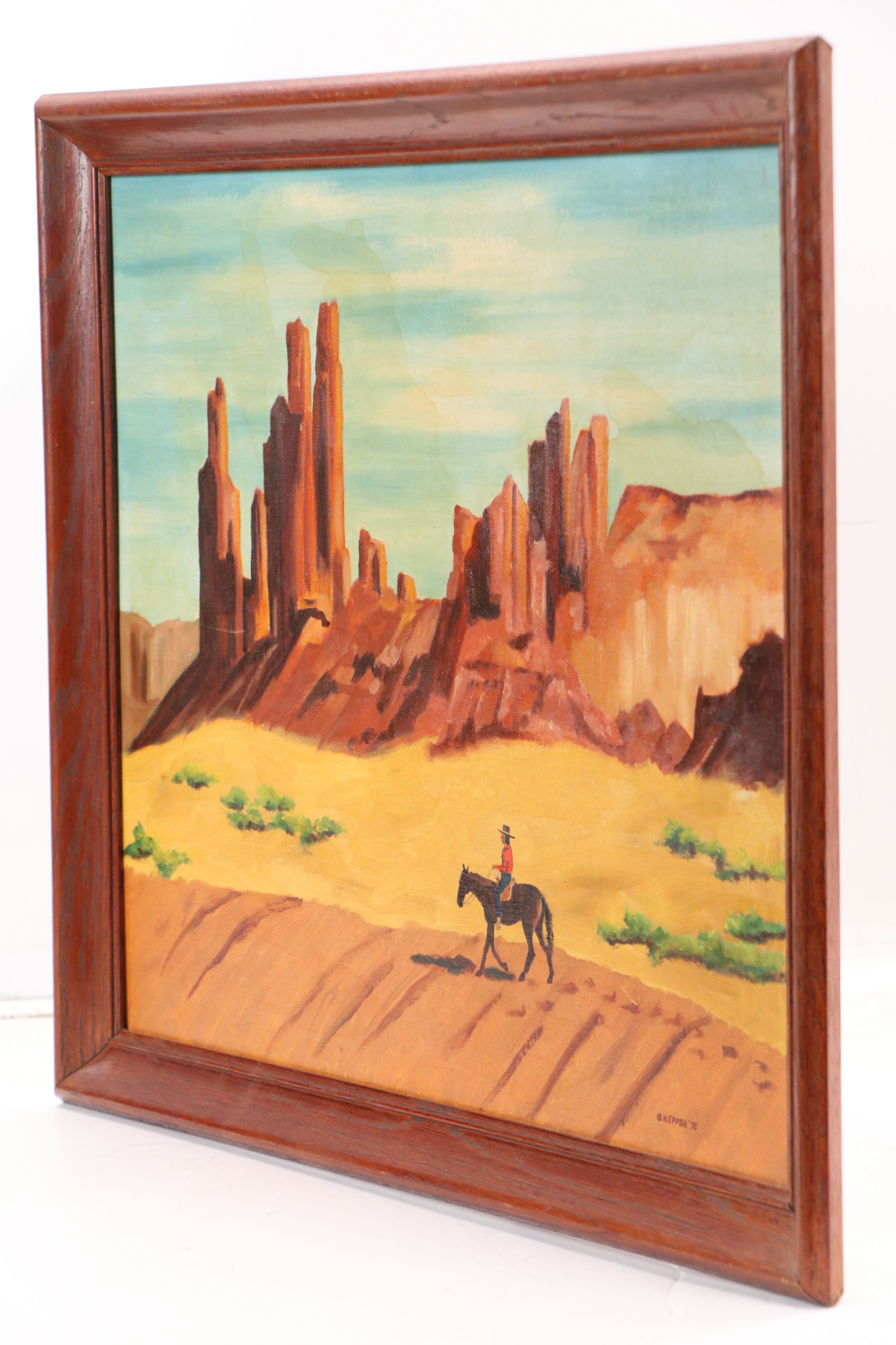 G. Nepper Oil Painting of Cowboy in the desert, 1975
