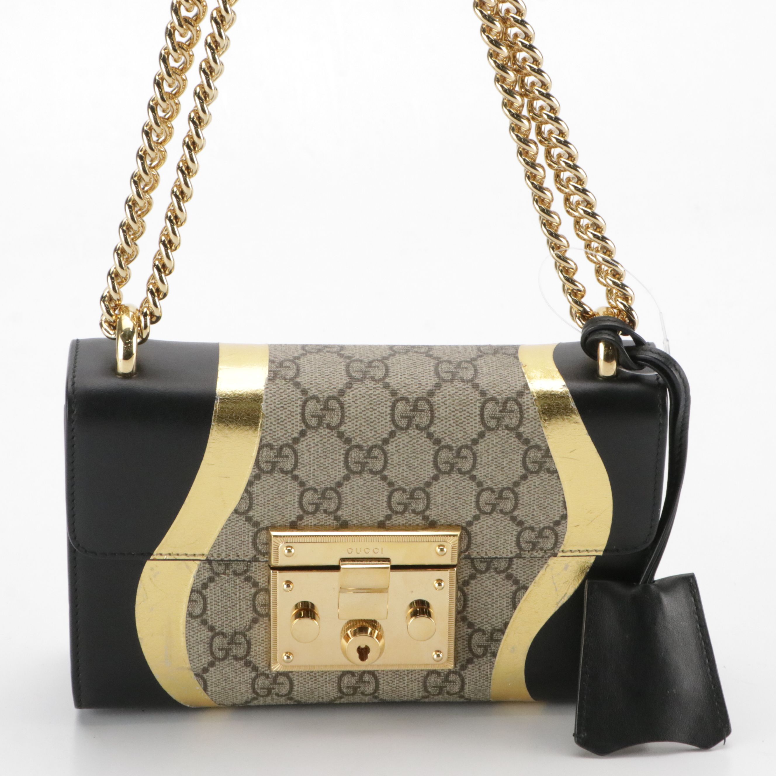 Gucci Padlock Shoulder Bag in GG Supreme Canvas, Gold Metallic & Black Leather