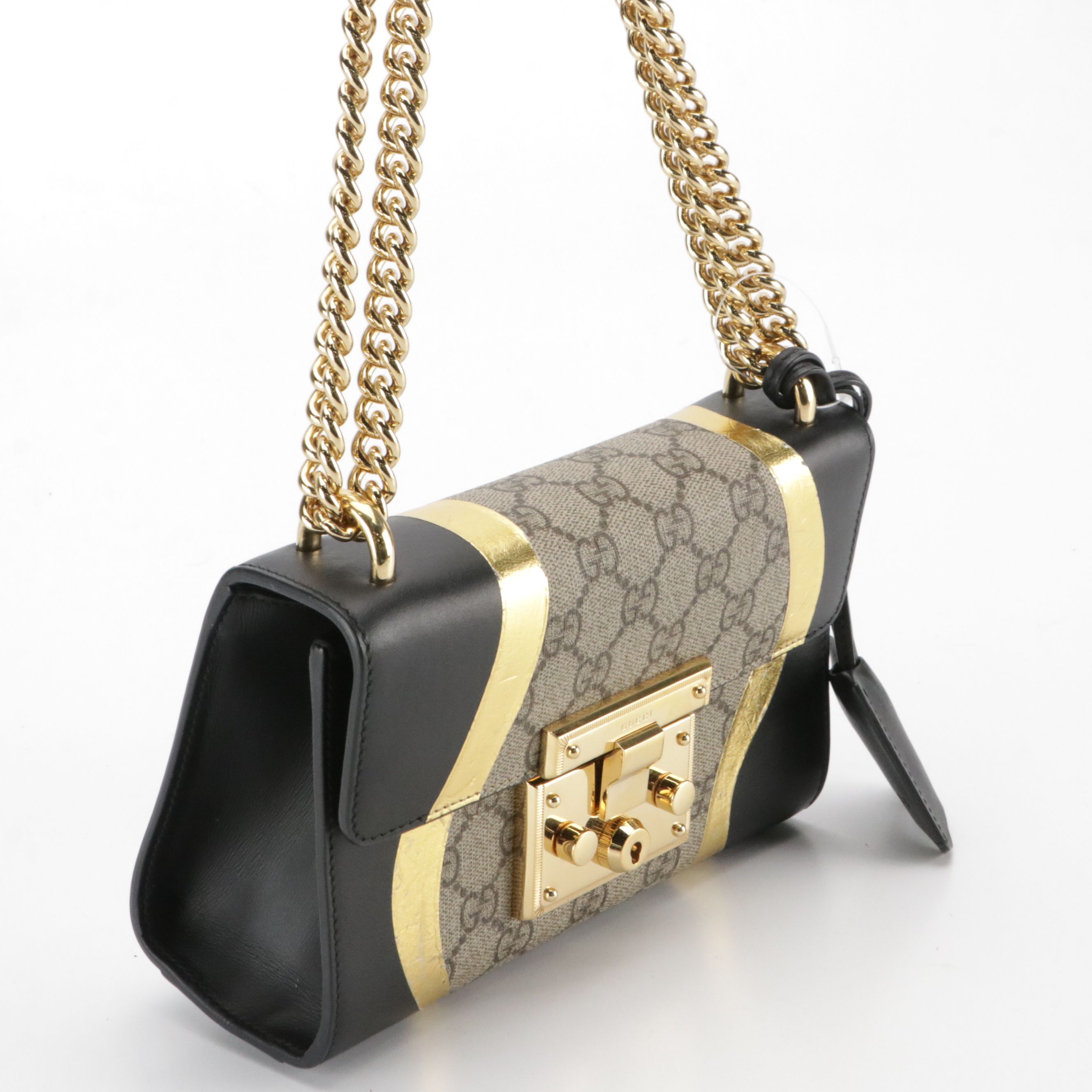 Gucci Padlock Shoulder Bag in GG Supreme Canvas, Gold Metallic & Black Leather