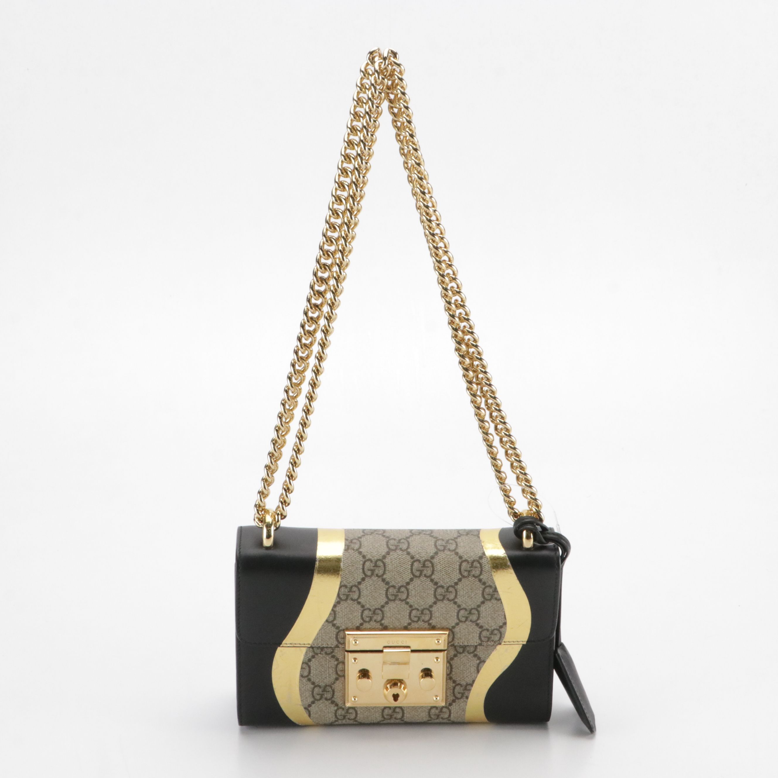 Gucci Padlock Shoulder Bag in GG Supreme Canvas, Gold Metallic & Black Leather