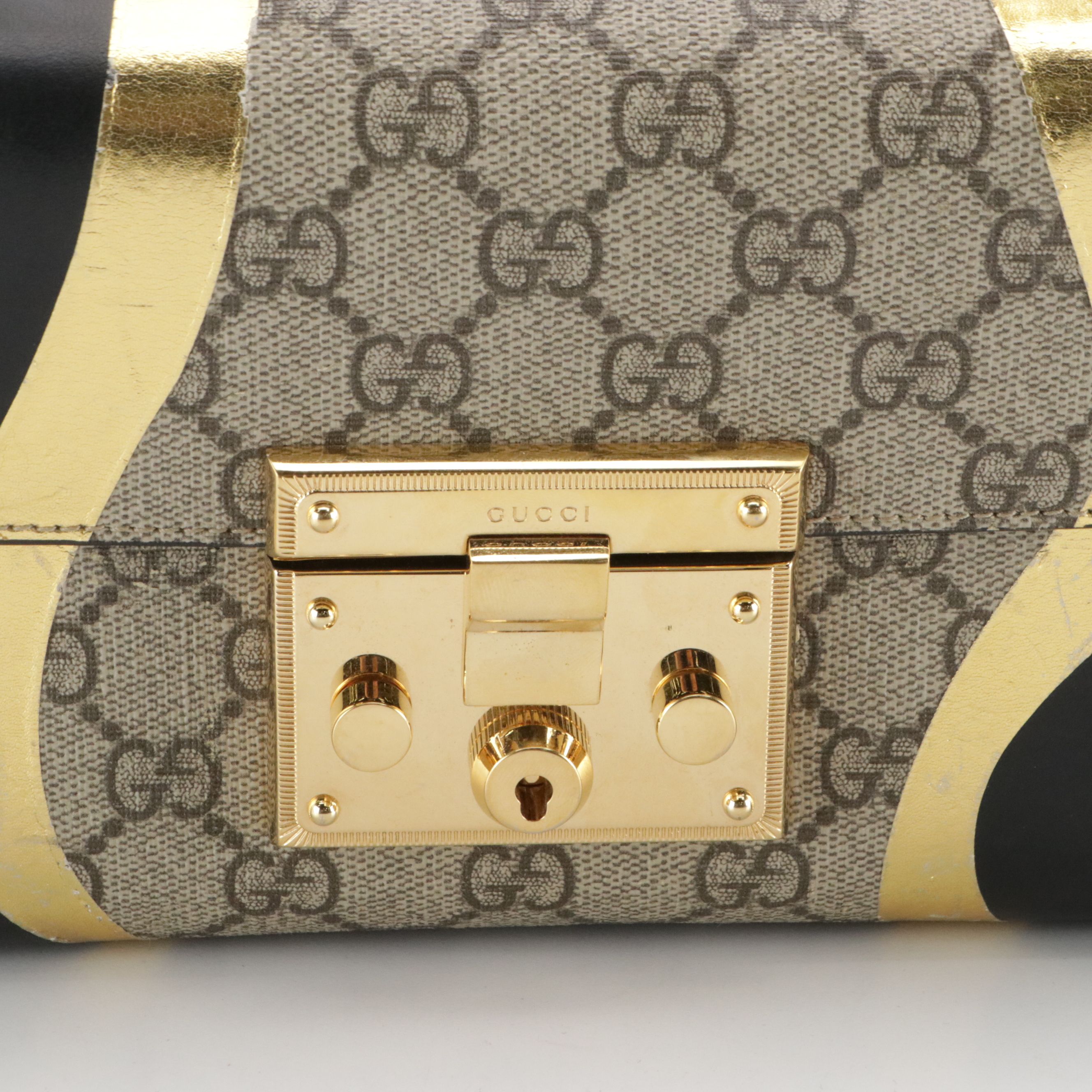 Gucci Padlock Shoulder Bag in GG Supreme Canvas, Gold Metallic & Black Leather