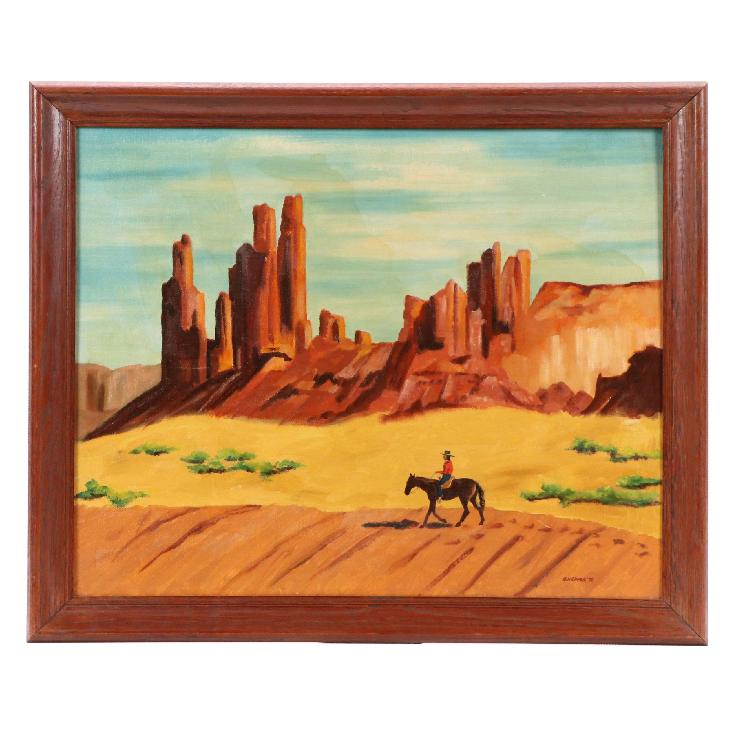 G. Nepper Oil Painting of Cowboy in the desert, 1975