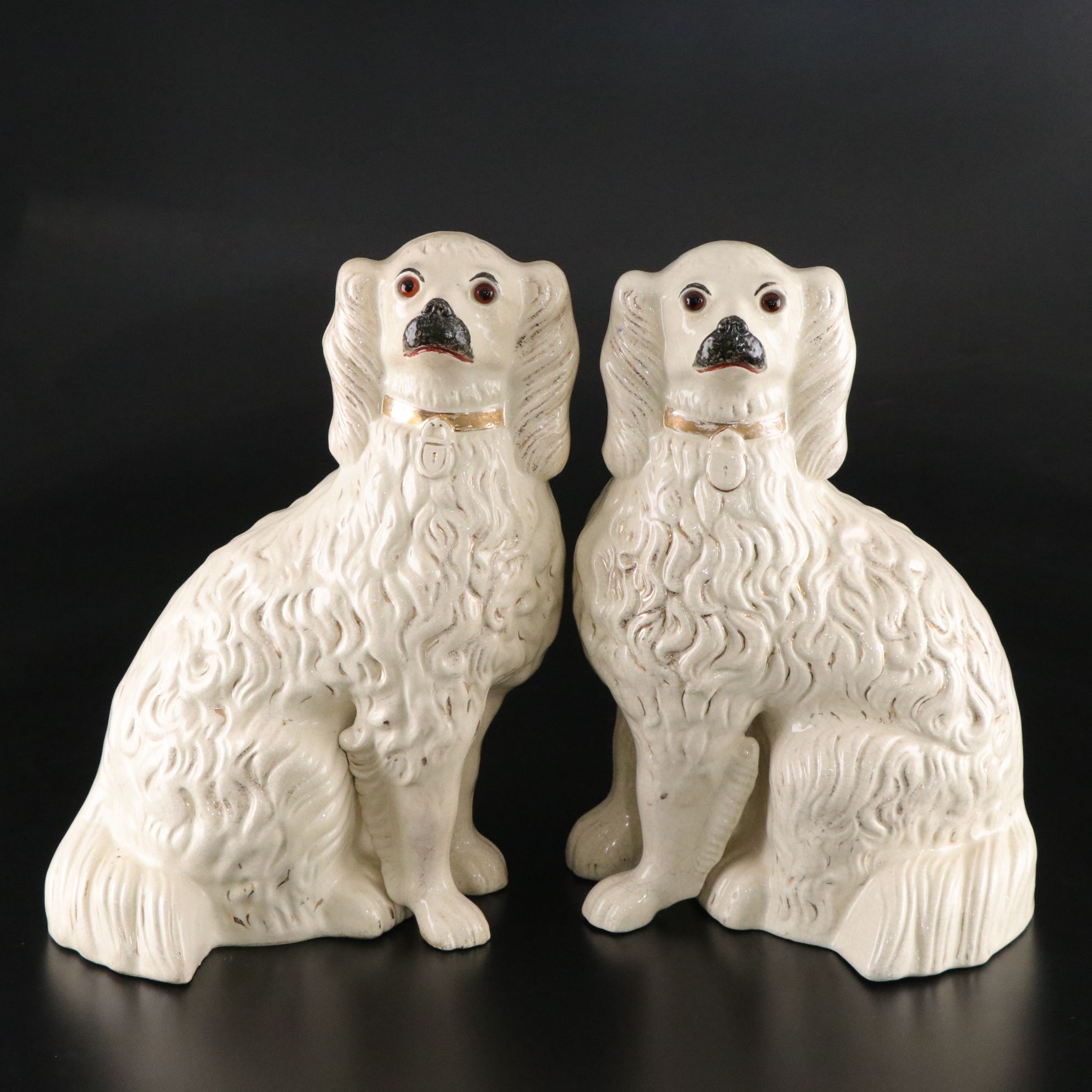 Pair of Staffordshire Spaniels with Glass Eyes, Late 19th/ Early 20th Century