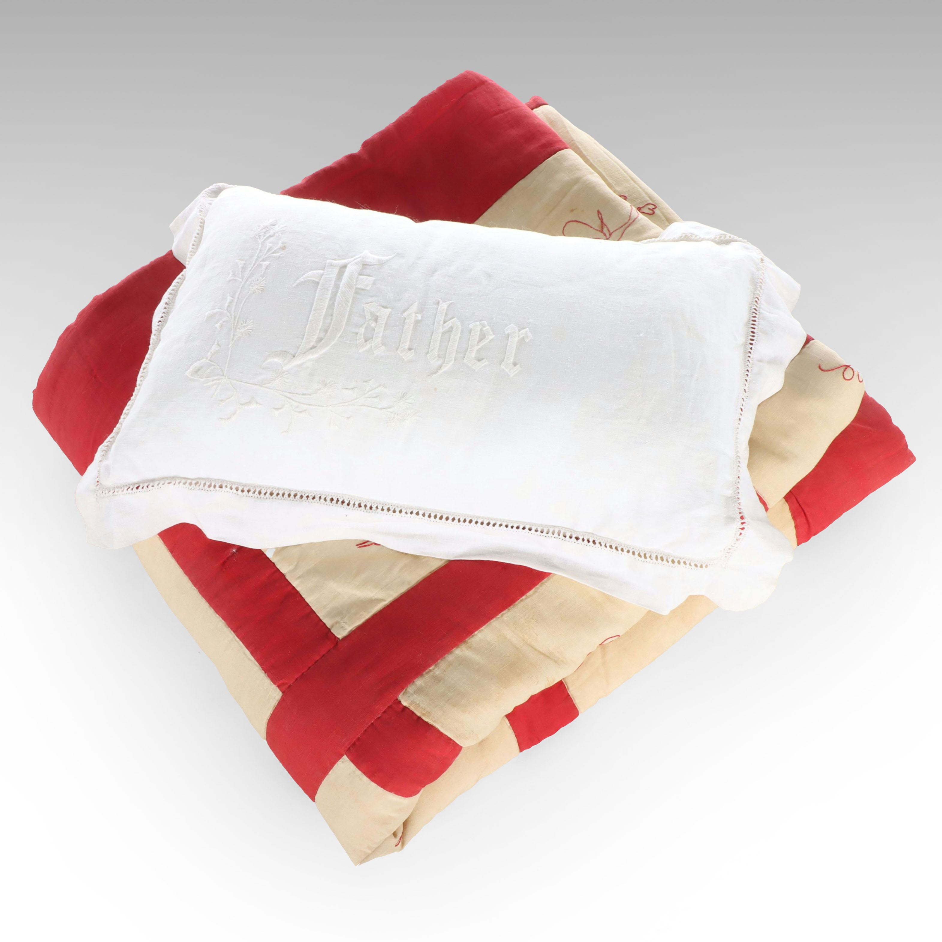 Vintage Redwork Embroidery Block Quilt with Embroidered Pillow