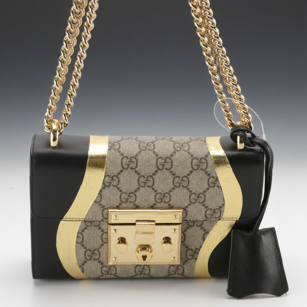 Gucci Padlock Shoulder Bag in GG Supreme Canvas, Gold Metallic & Black Leather