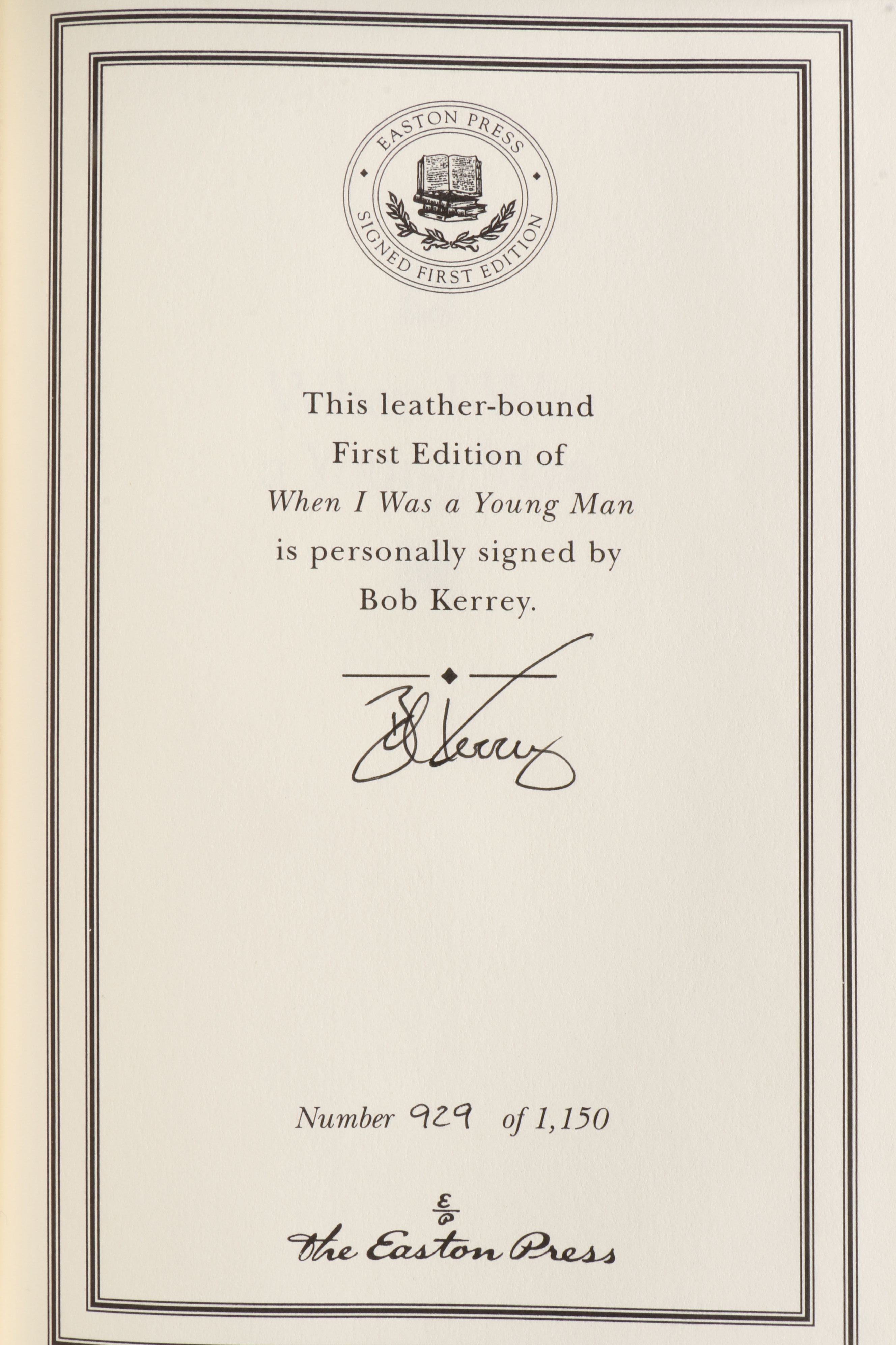 Signed First Edition "When I Was a Young Man" by Bob Kerrey and More Books