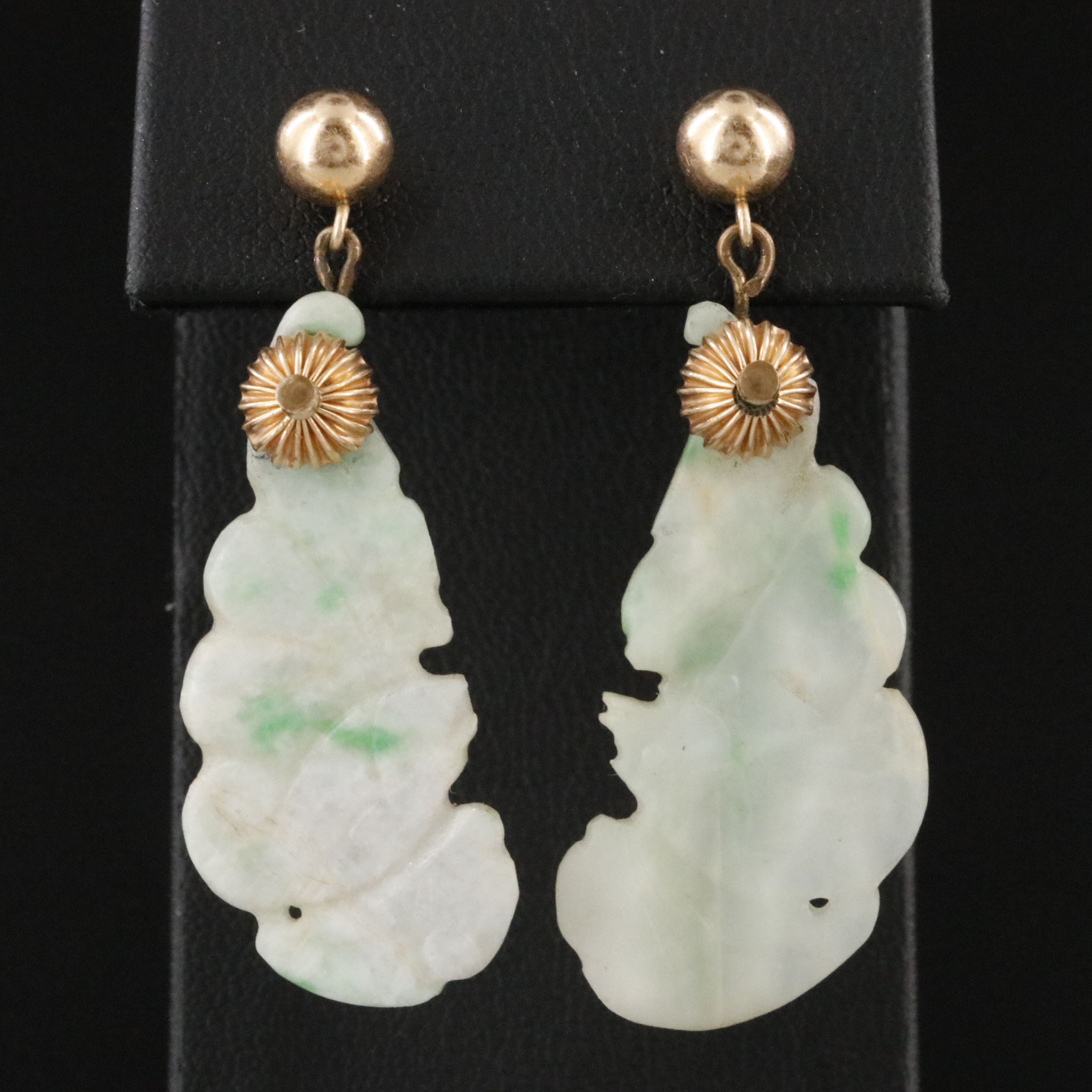 Carved Jadeite Earrings Featuring 14K & 10K