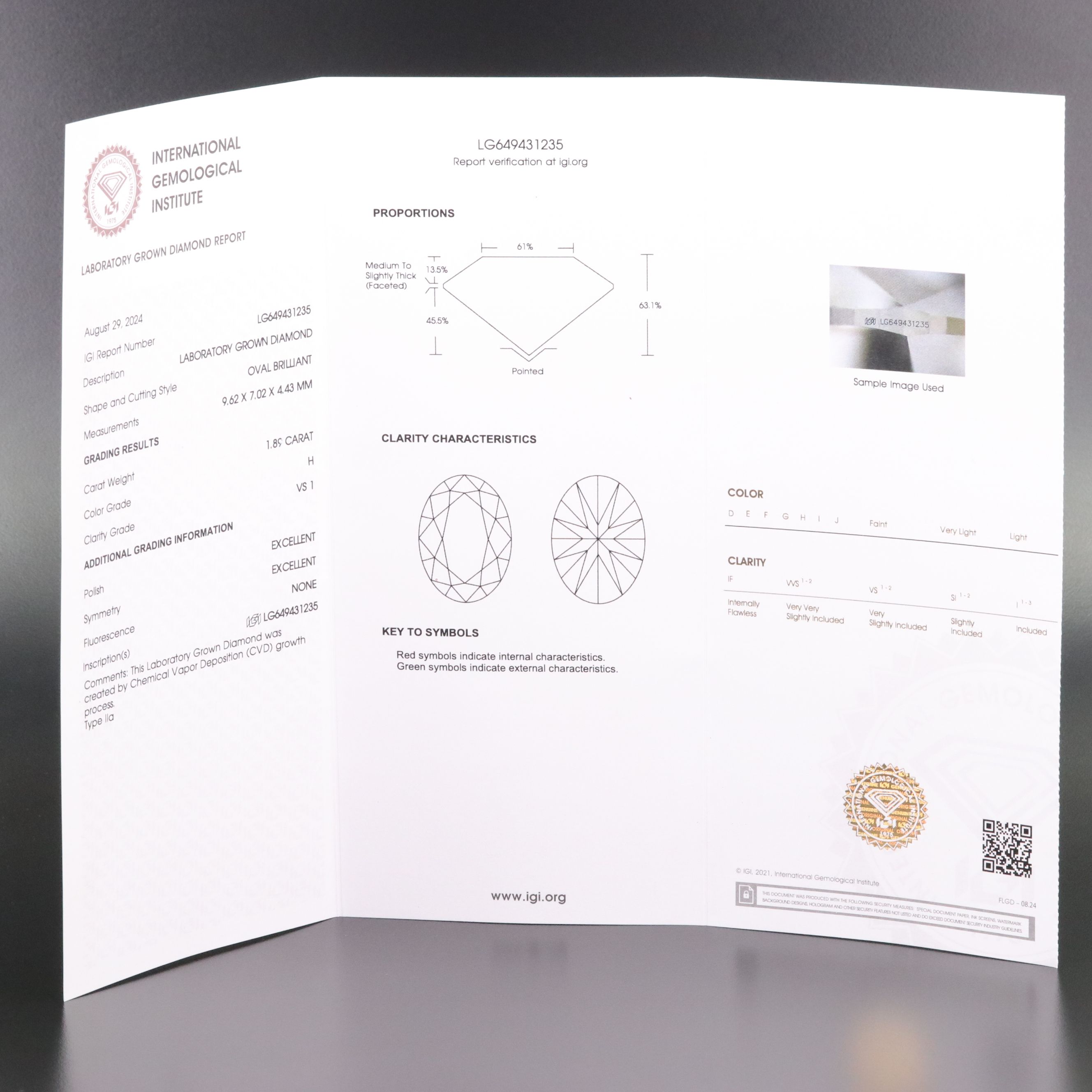 Loose 1.89 CT Lab Grown Diamond with IGI Report