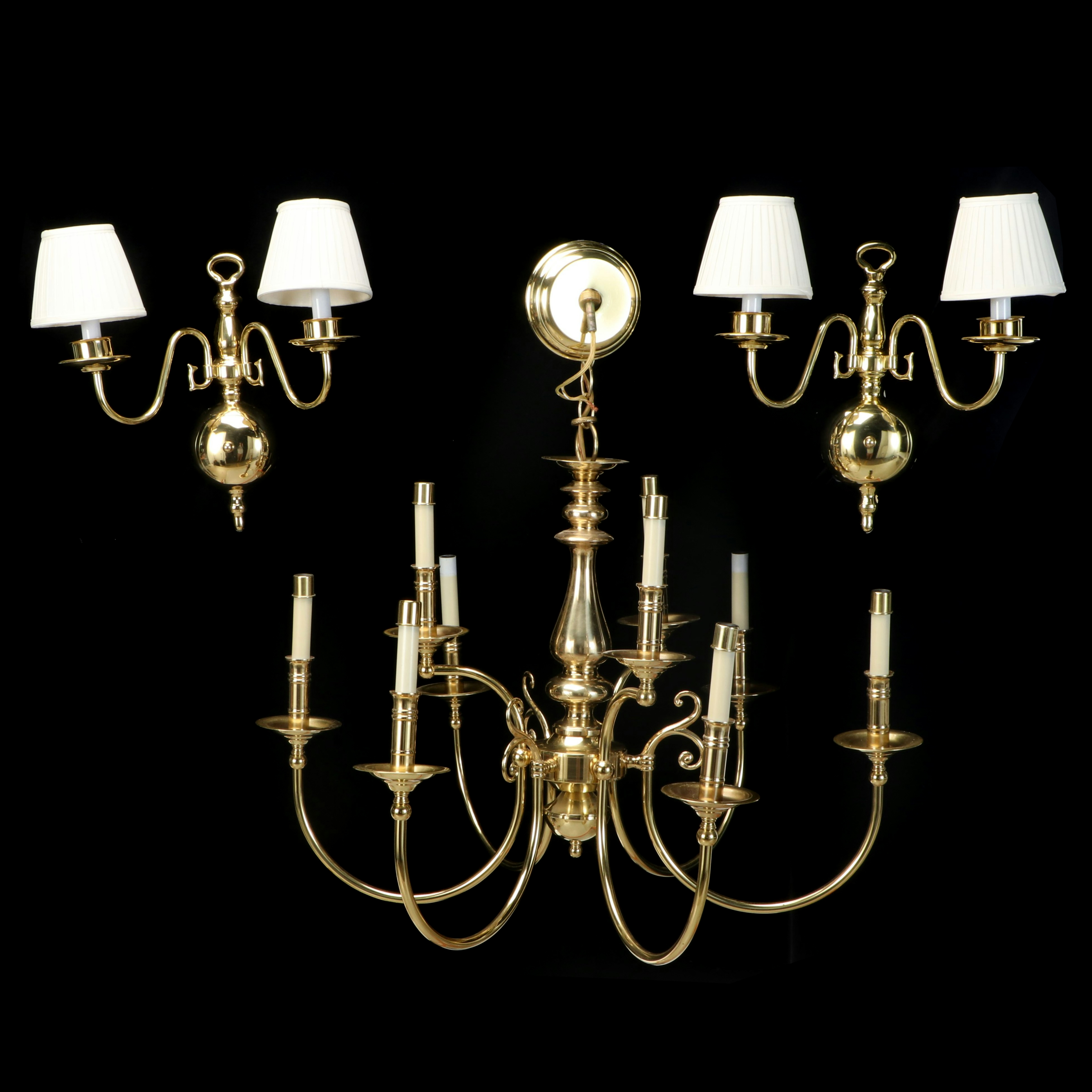 Dutch Baroque Style Brass Chandelier with Matching Wall Sconces