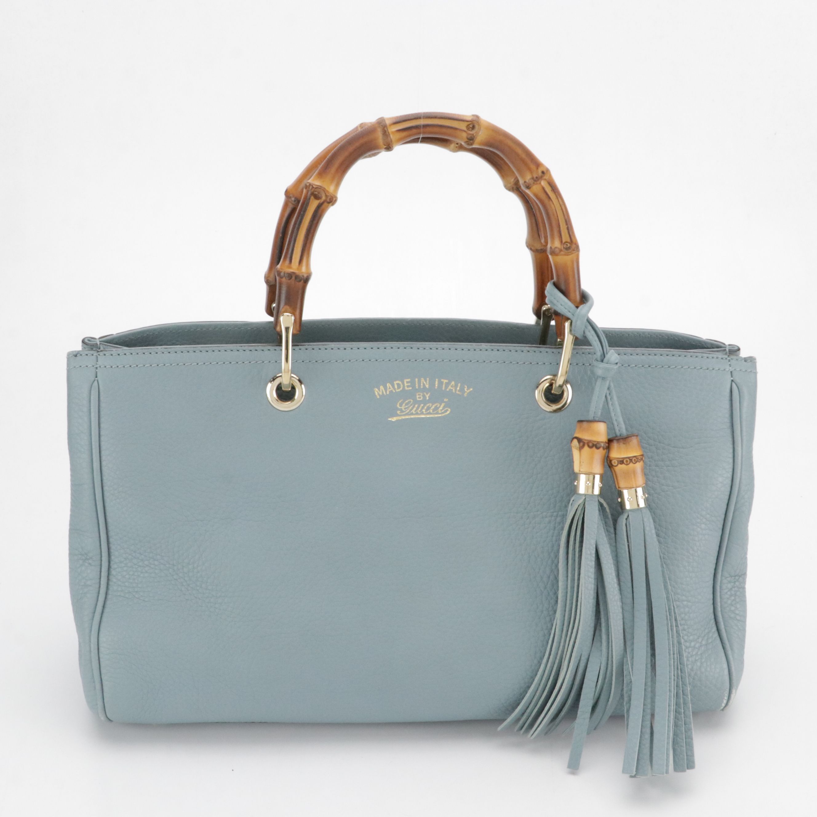 Gucci Medium Bamboo Two-Way Shopper Tote in Blue Grained Calfskin Leather