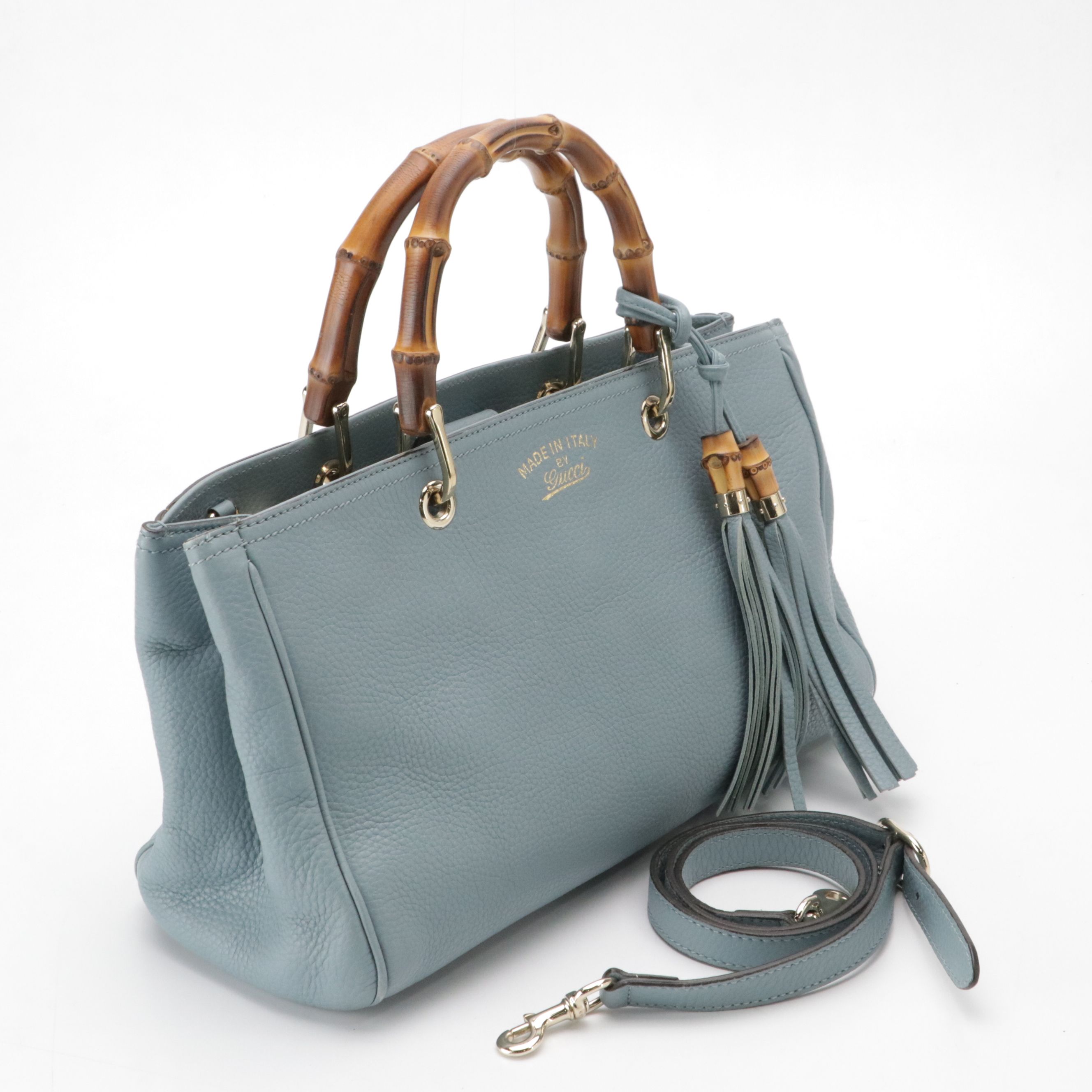 Gucci Medium Bamboo Two-Way Shopper Tote in Blue Grained Calfskin Leather