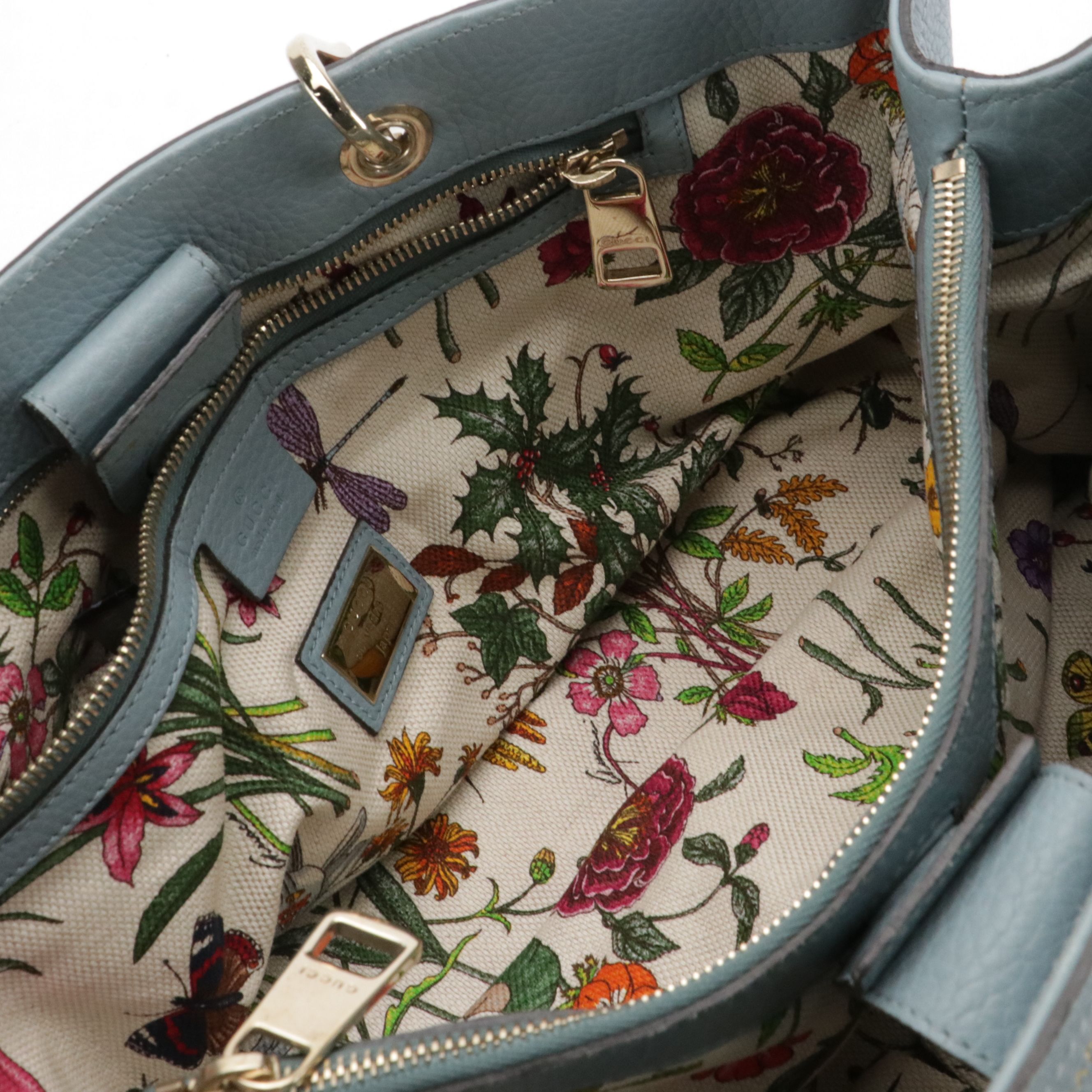 Gucci Medium Bamboo Two-Way Shopper Tote in Blue Grained Calfskin Leather