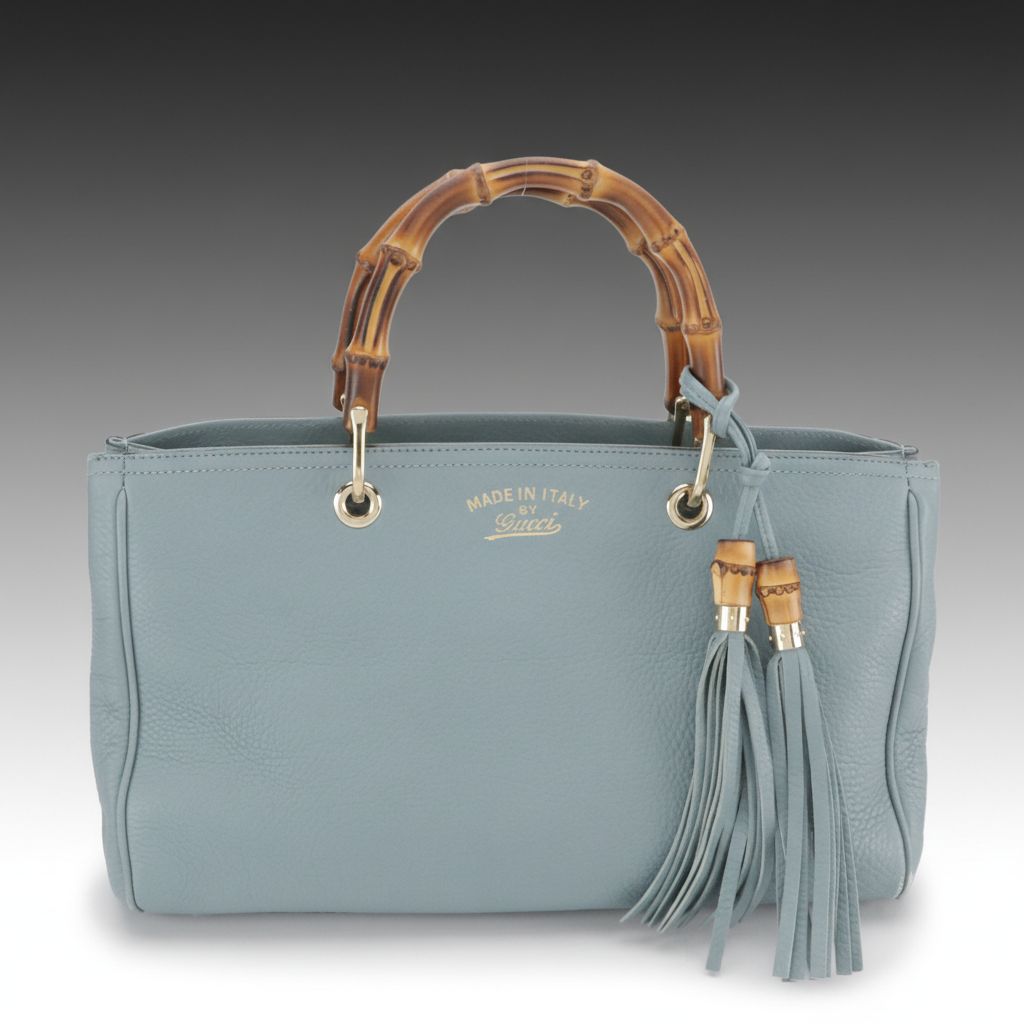 Gucci Medium Bamboo Two-Way Shopper Tote in Blue Grained Calfskin Leather