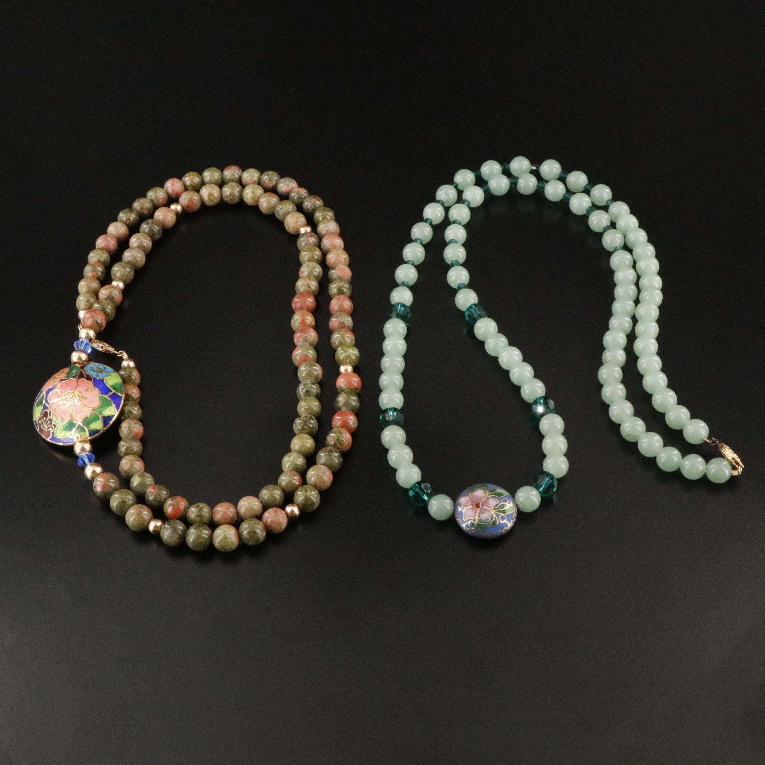 Bead Necklaces with Gold-Filled Clasps, Cloisonné Station and Unakite