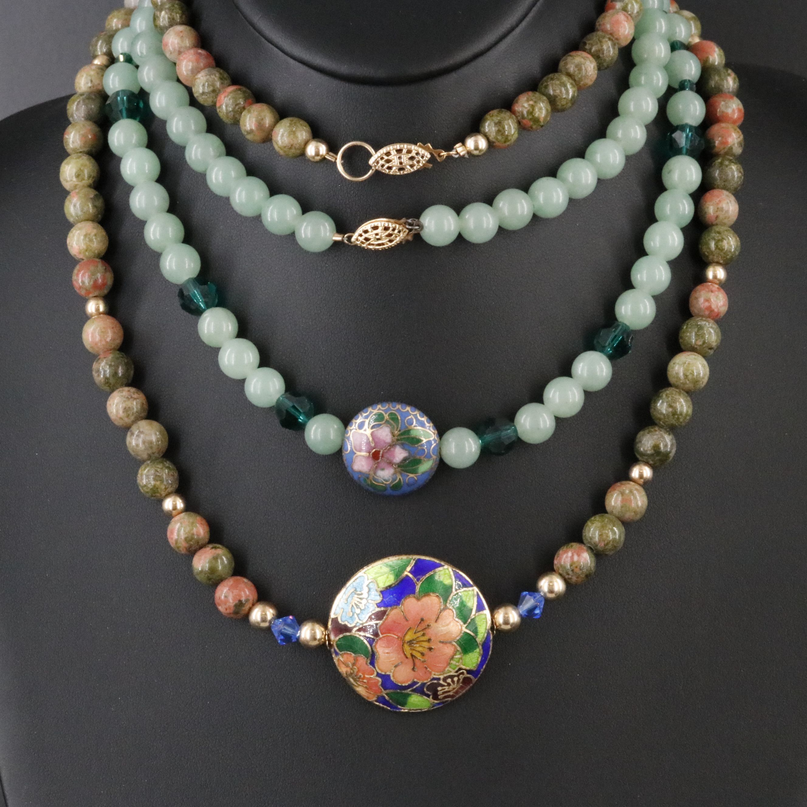Bead Necklaces with Gold-Filled Clasps, Cloisonné Station and Unakite