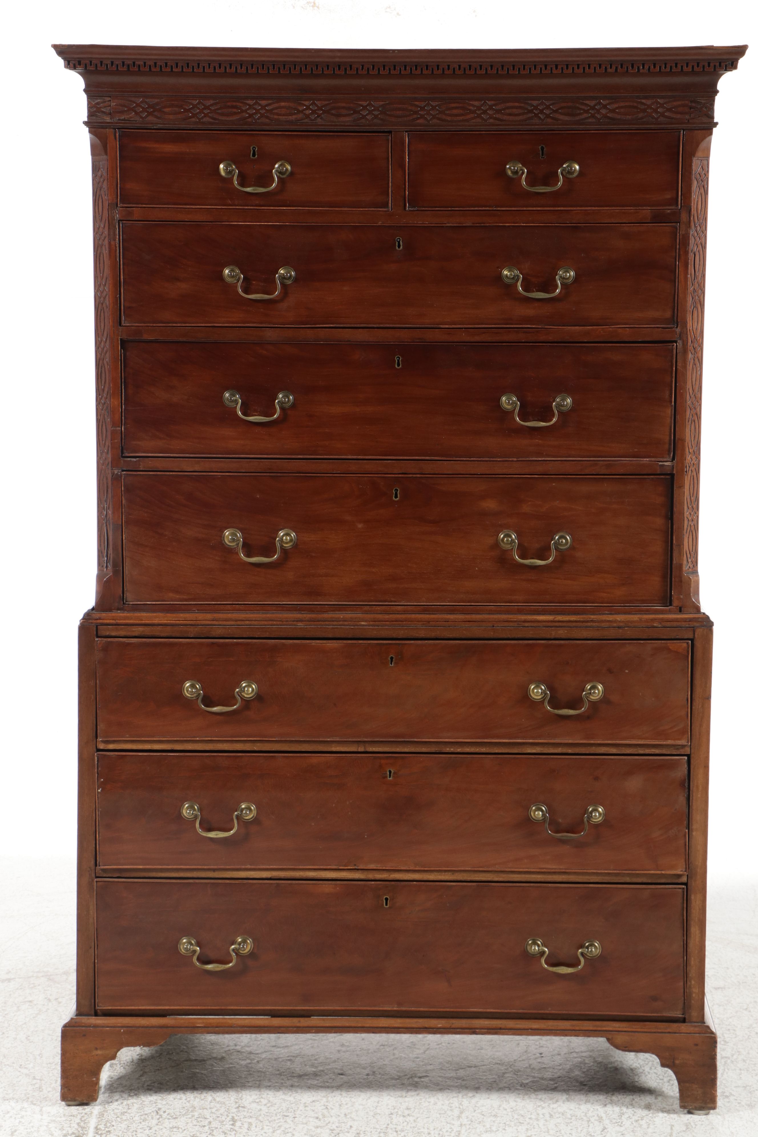 George III Chinese Chippendale Style Mahogany Chest on Chest