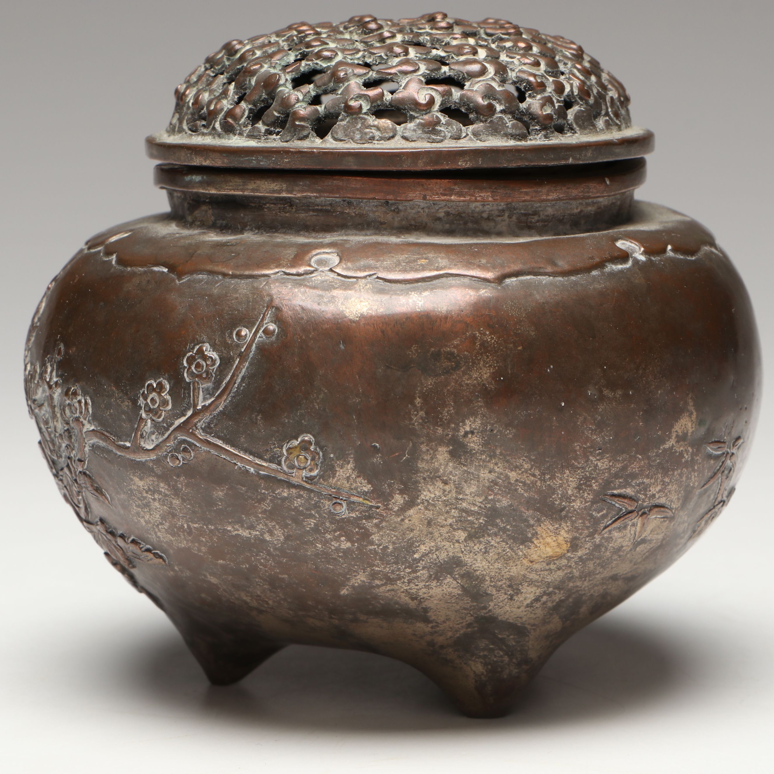 Chinese Embossed Plum Blossom Silver Plate Incense Burner