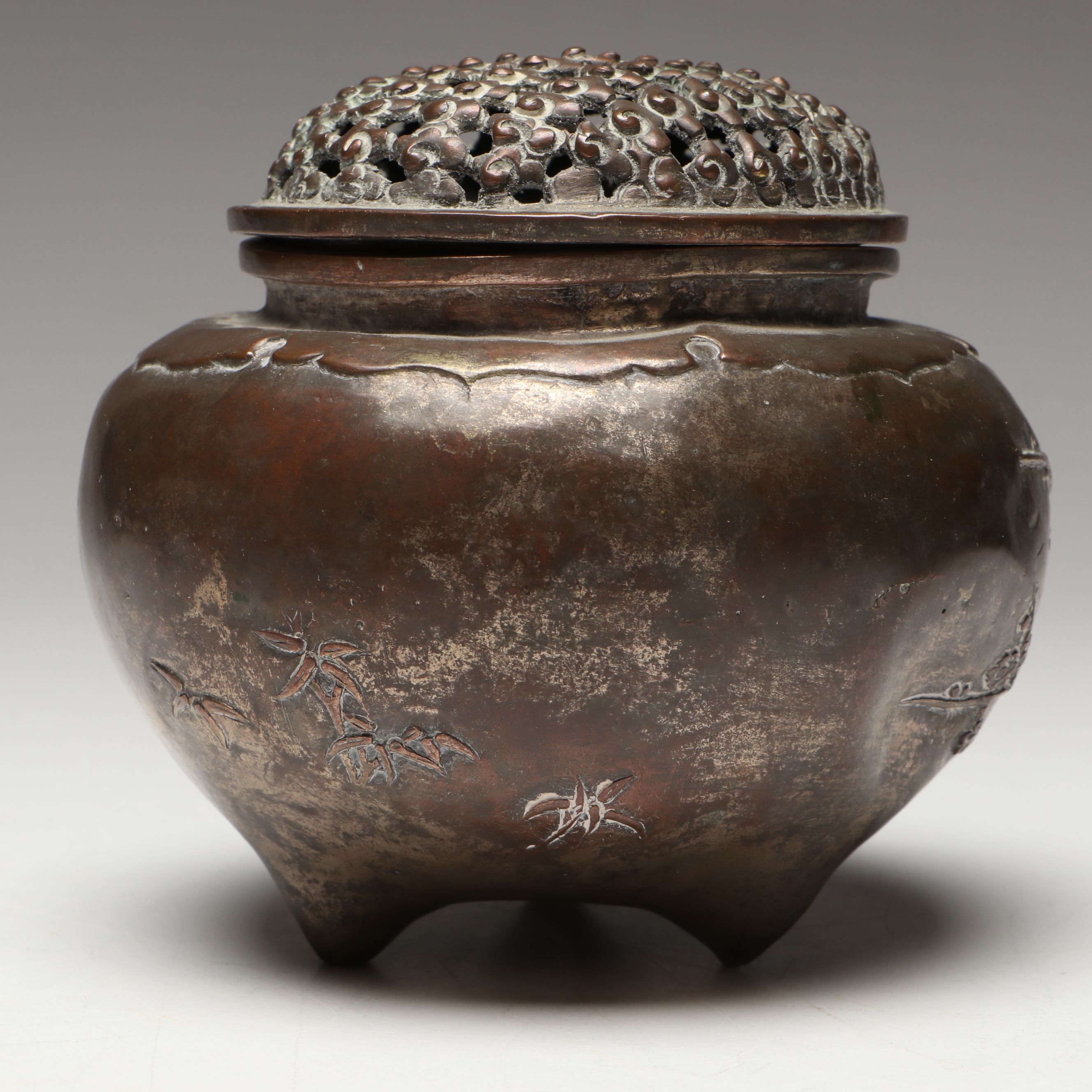 Chinese Embossed Plum Blossom Silver Plate Incense Burner